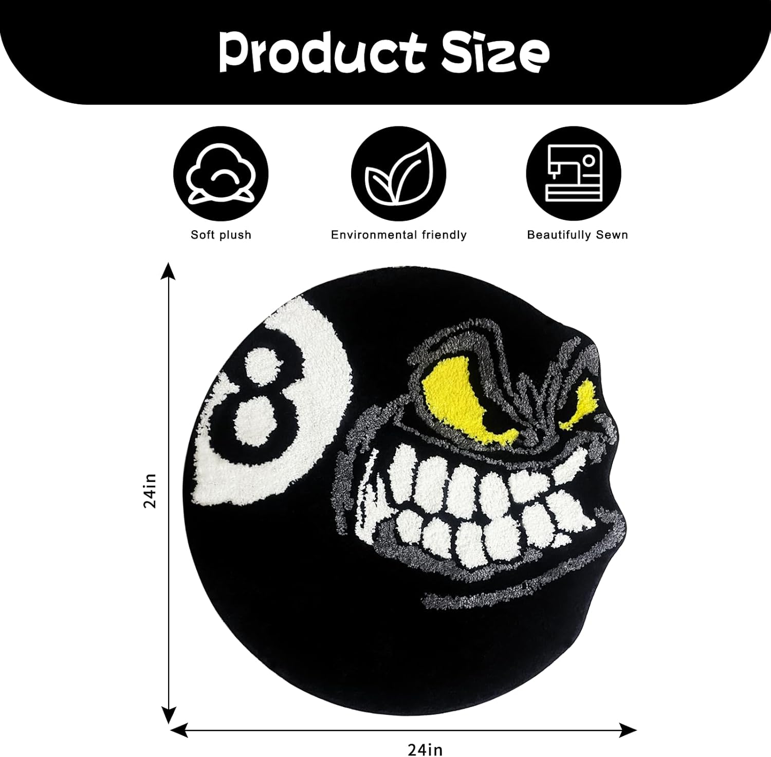 Angry 8 Ball Rug, 24" Cool Rugs for Bedroom Men, Black Round Area Rug for Man Cave, High-Pile Flocking Soft Aesthetic Carpet for Living Room Decor, Hypebeast Room Decor