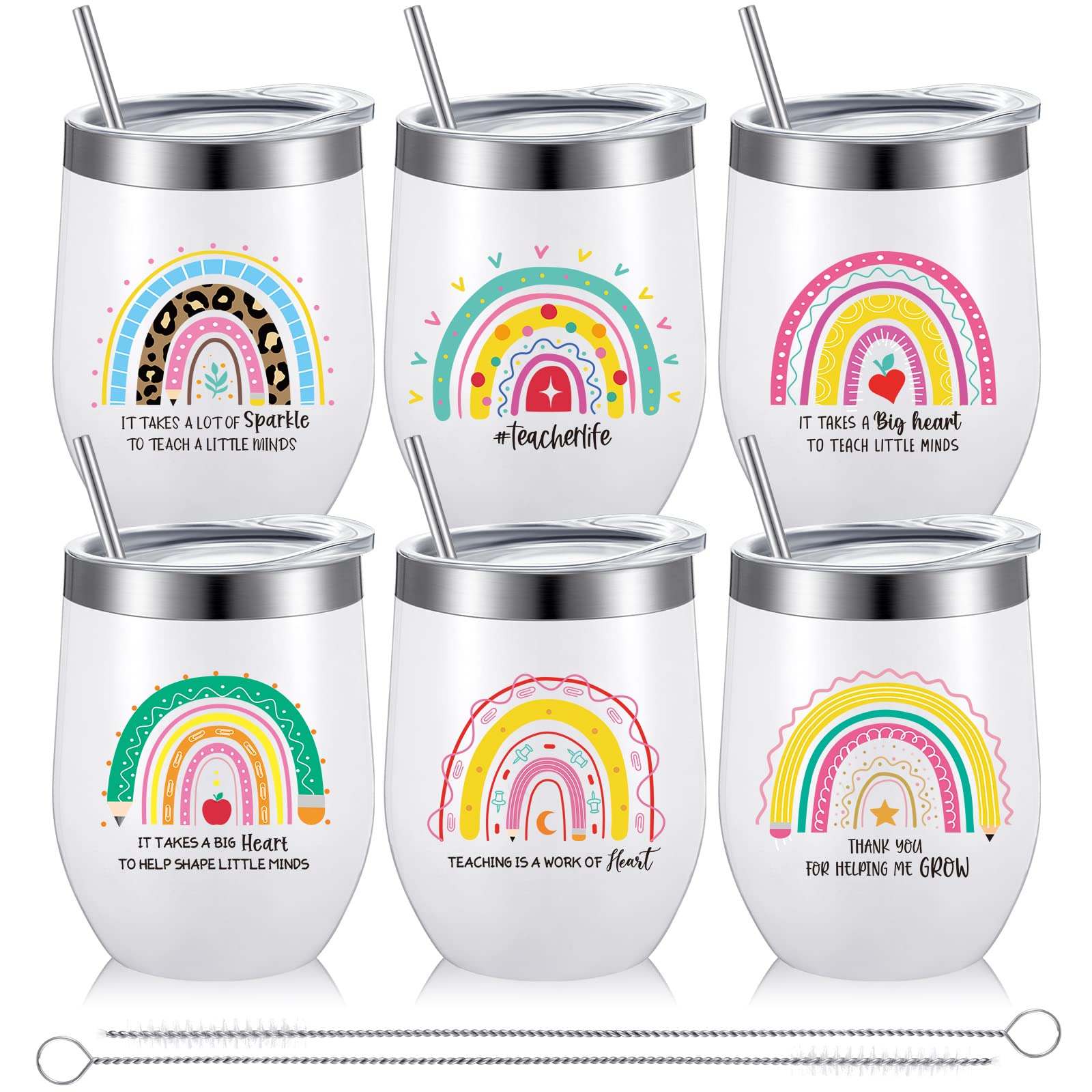 Teacher Gifts Teacher Tumbler Bulk 12oz Stainless Steel Teacher Wine Glass with Lids and Straws Teacher Appreciation, Birthday Gifts for Daycare, Kindergarten Teacher (White Warm, 6 Pack)