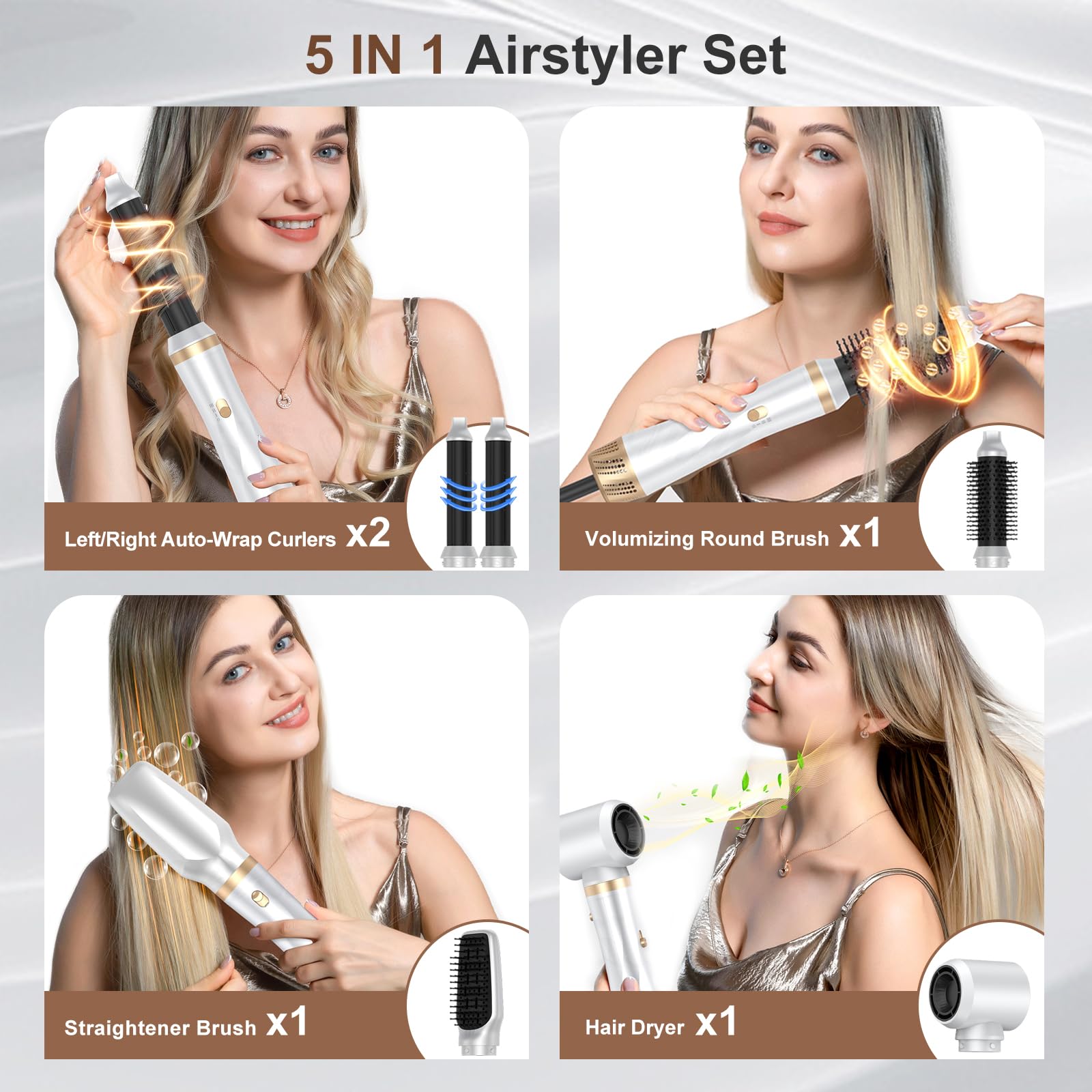 Cepillo Secador de Pelo 5 en 1, 1000W Air Styler Set,Cepillo De Aire Caliente Multifunción,Moldeador Pelo With Riza 3 Temperaturas, Tecnología Ion,Cepillo Alisador para Da Volumen, Alisa y Seca