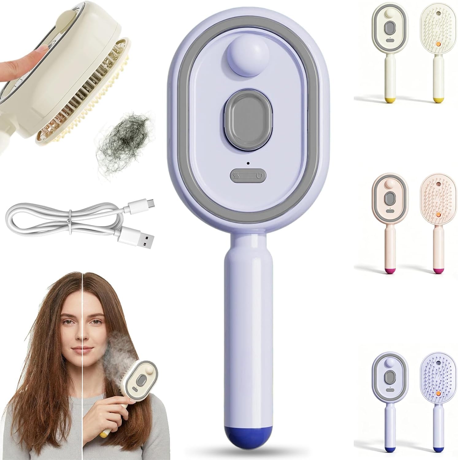 2026 New Steam Hair Straightener Brush,Electric Steam Brush, Portable Electric Steam Brush for Hair, Straightening Hot Comb, USB-Rechargeable, Nourishes Hairs, Anti-Static (Pink) (Purple)