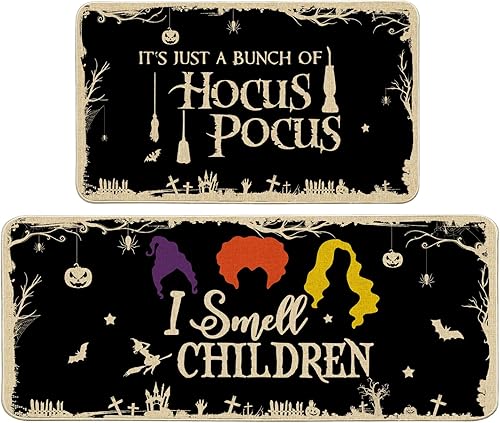 Juego de 2 tapetes de cocina de Halloween, diseño de brujas para niños, decoración de cocina de Halloween para suelo de 17 x 27 + 17 x 47 pulgadas