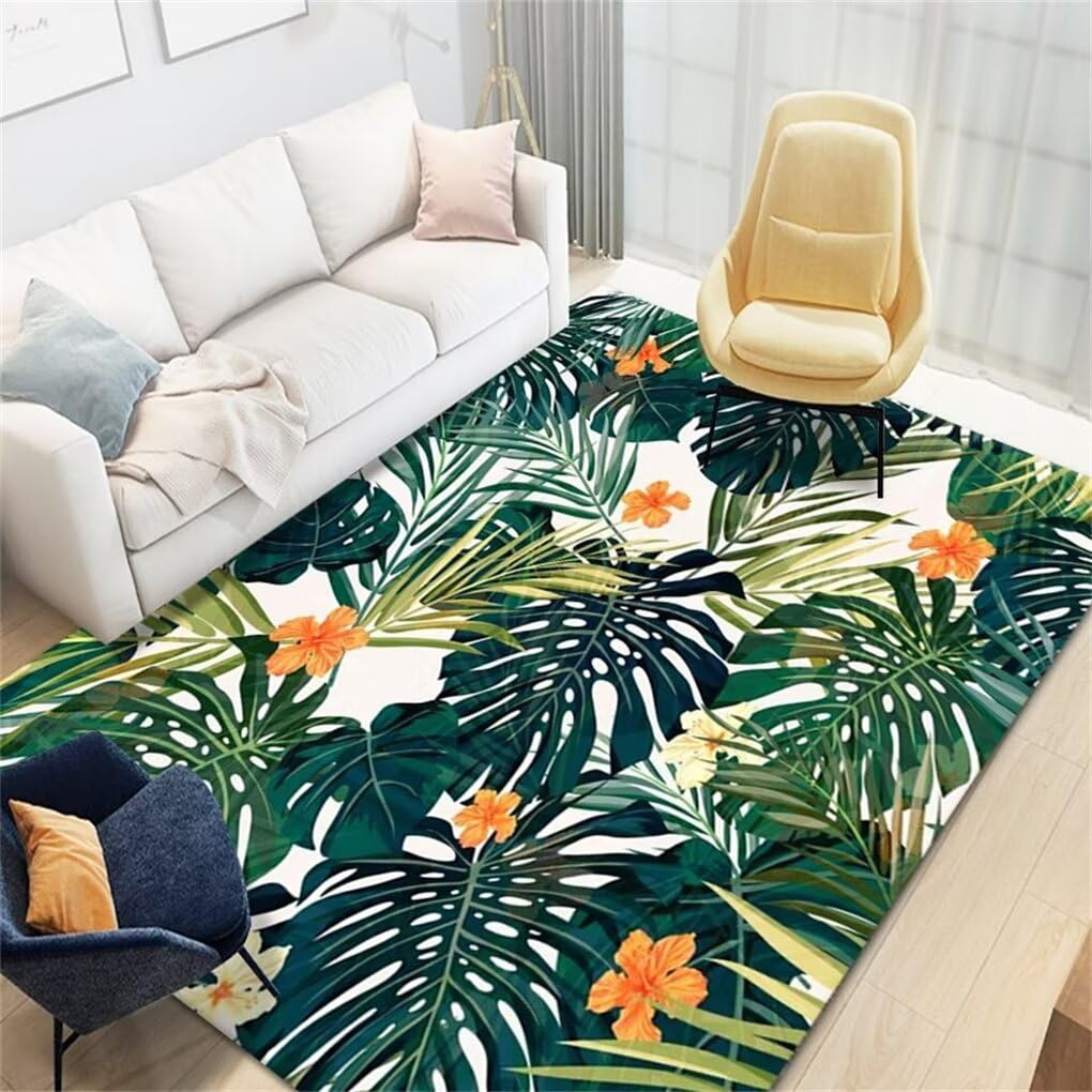 Tapis de salon motif botanique vert et orange 160x210 cm pour chambre d'enfant