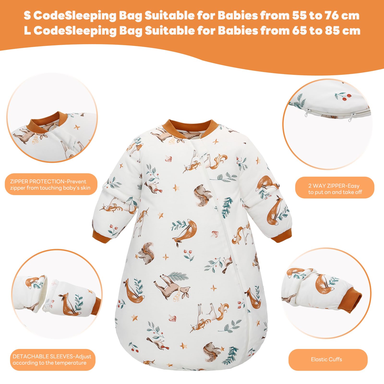 LAT Baby Sleeping Bag 2.5 TOG,Baby Winter Long Sleeve Sleep Sack,100% Cotton Detachable Sleeve,Toddlers Sleeping Bag for Girl Boys(Unicorn+Orange,S) - Image 3