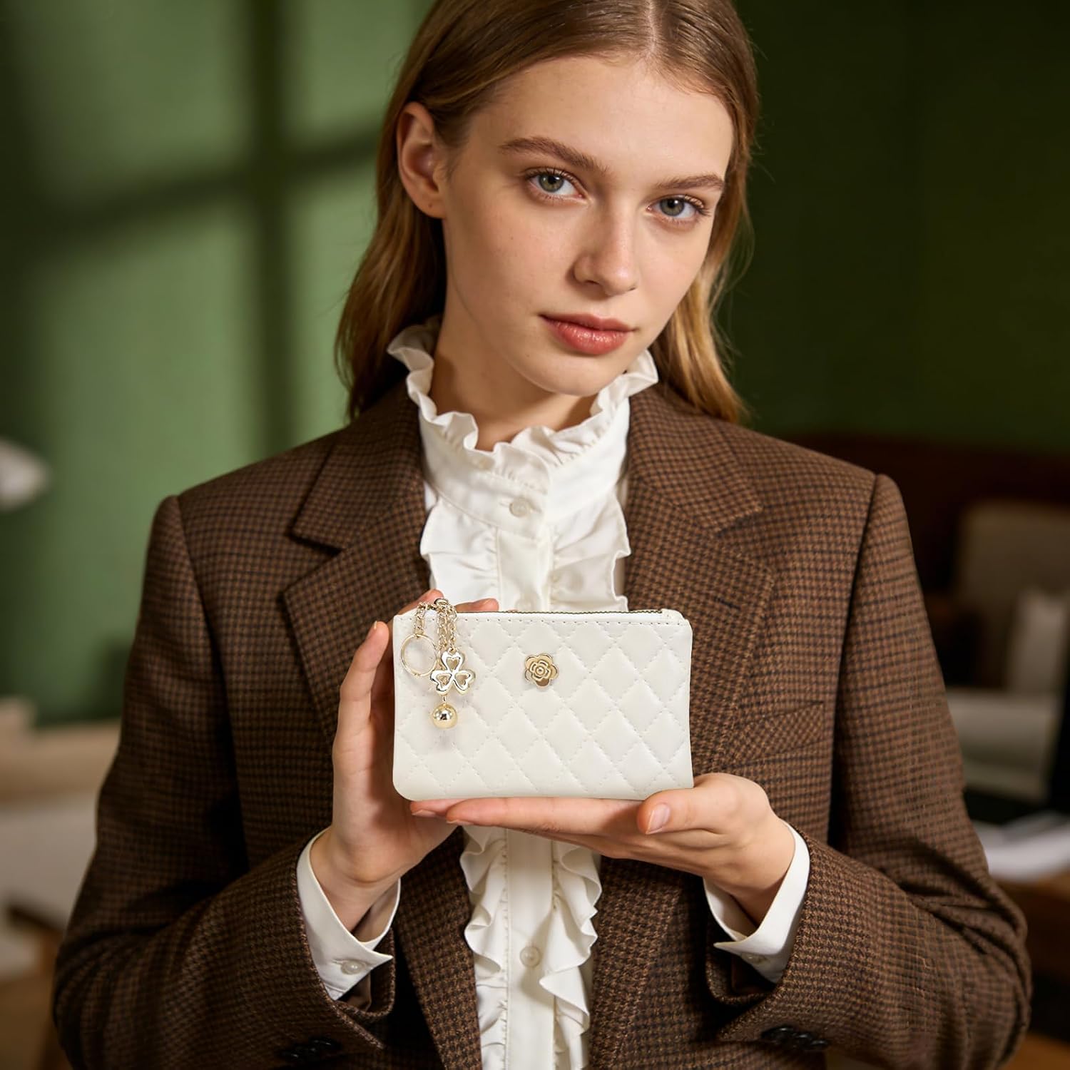 Change Purse for Women, PU Leather Small Card Wallet Coin Purse with Keychain, Elegant Small Coin Pouch Keychain Wallet for Card, Coin, Change (1, Beige)