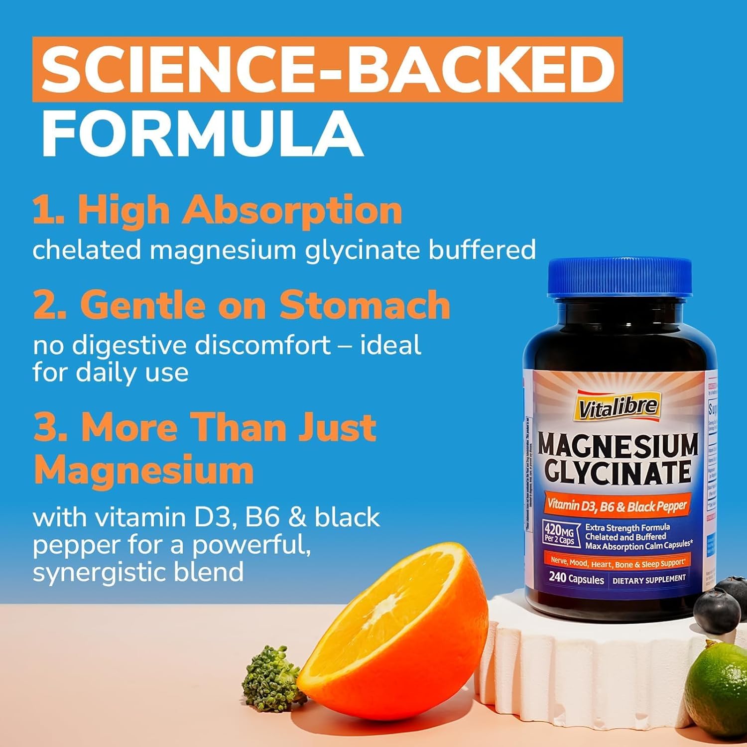 Vitalibre Magnesium Glycinate 420mg with Vitamin D3 & B6 | Chelated & Buffered Magnesium Supplement | High Absorption for Nerve, Bone, Heart, Mood, Sleep Support, 240 Vegan Capsules, Non-GMO