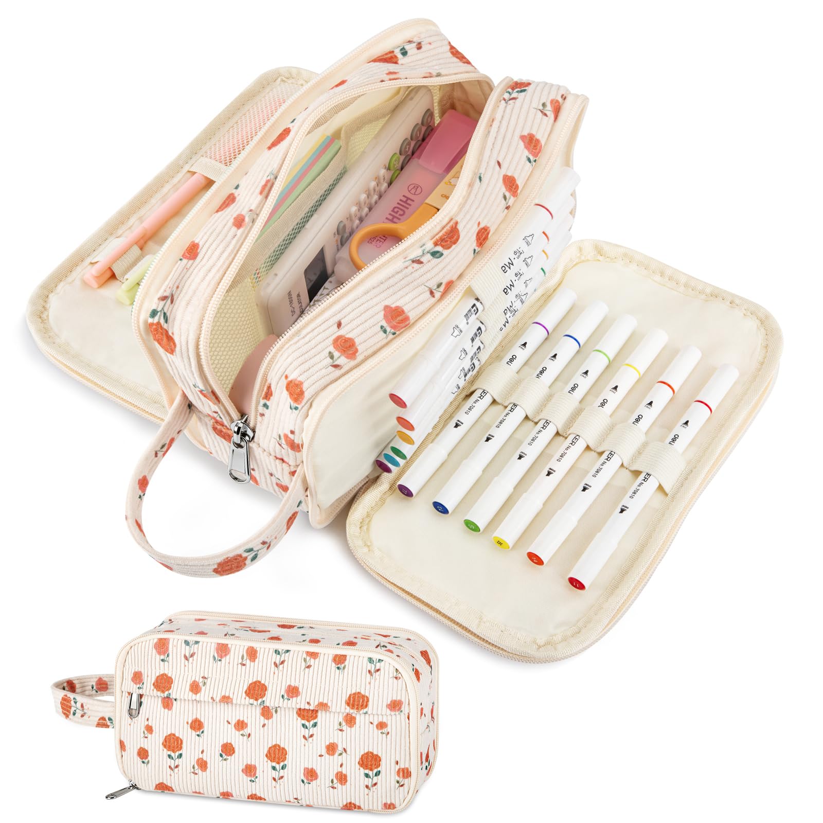 YILANCOL Cute Corduroy Pencil Case with Handle, Extra Large 4 Compartment Multiple Pockets Aesthetic Pencil Pouch Organizer for Teen Girls Boy School&College Supplies