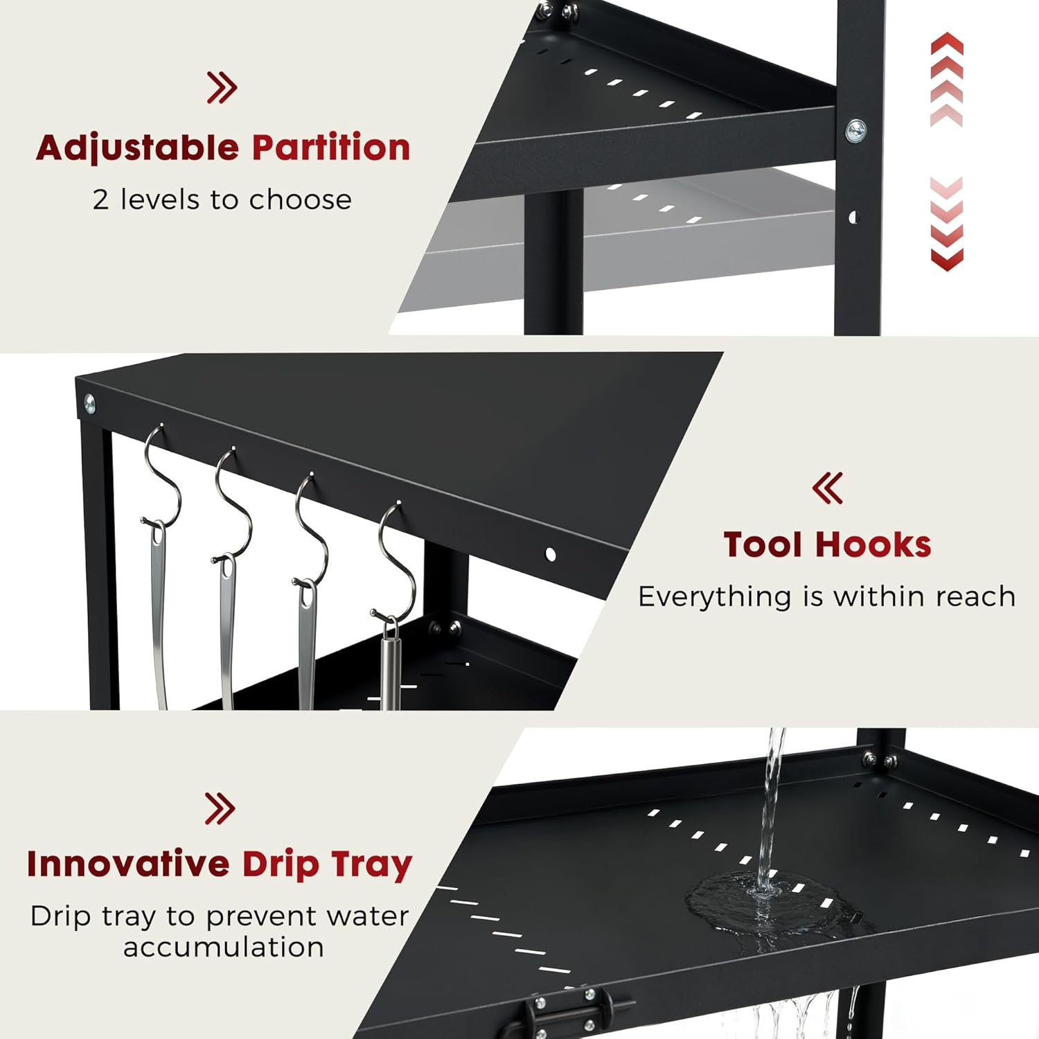 Grill Cart Table Indoor & Outdoor with 4 Lockable Casters, Hooks & Side Handle, Multifunctional Pizza Oven Stand for Patio Kitchen