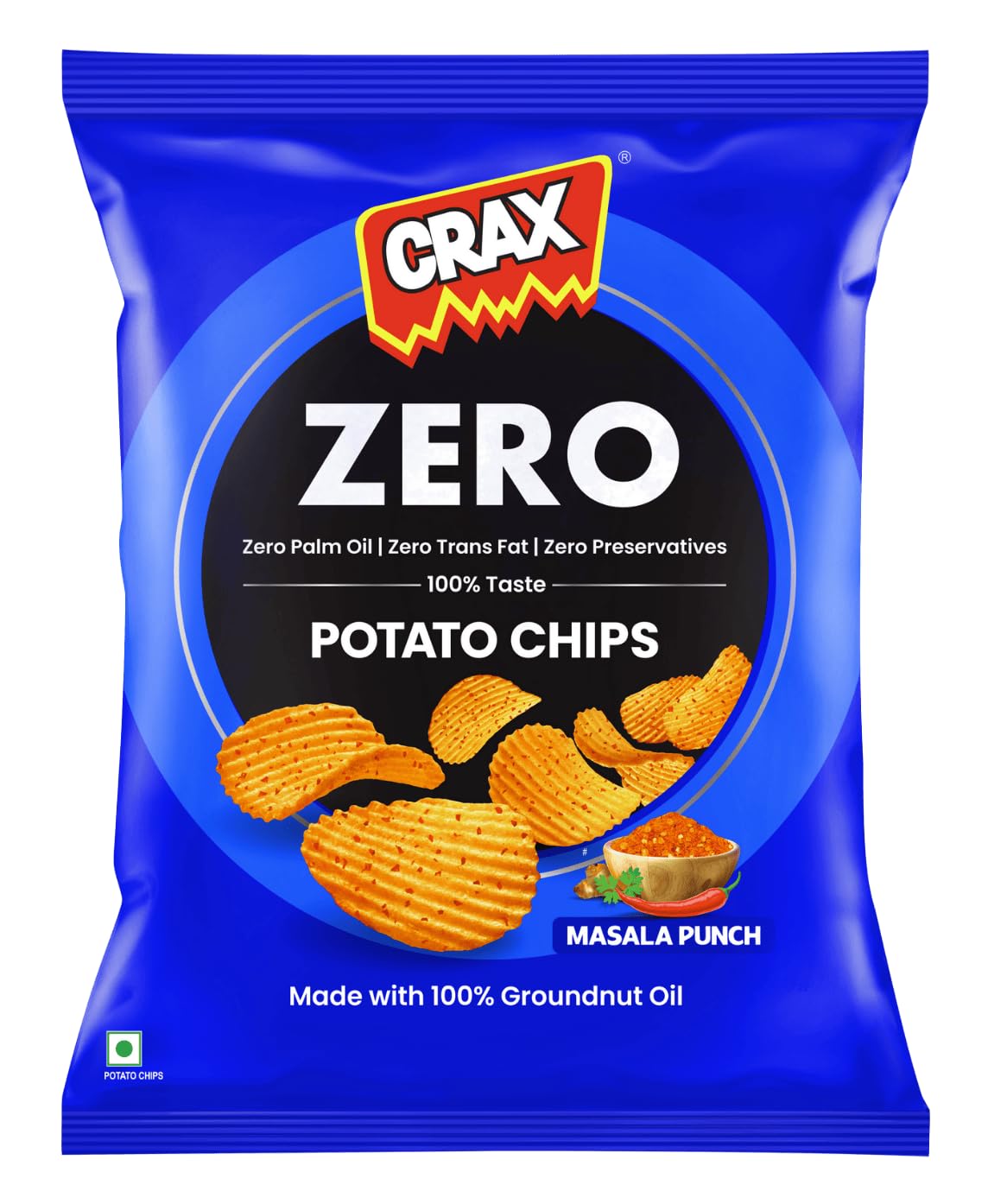 Crax Zero Potato Chips Masala Punch Snacks 65g | No Palm Oil