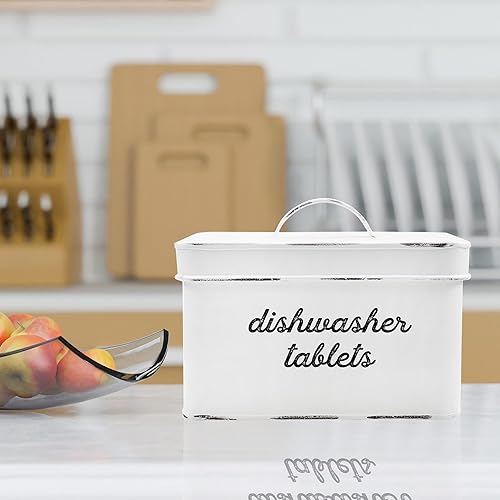 Miniatura 2 de AuldHome - Soporte para cápsulas de lavavajillas, contenedor para tabletas esmalte blanco rústico para almacenamiento de cocina con tapa
