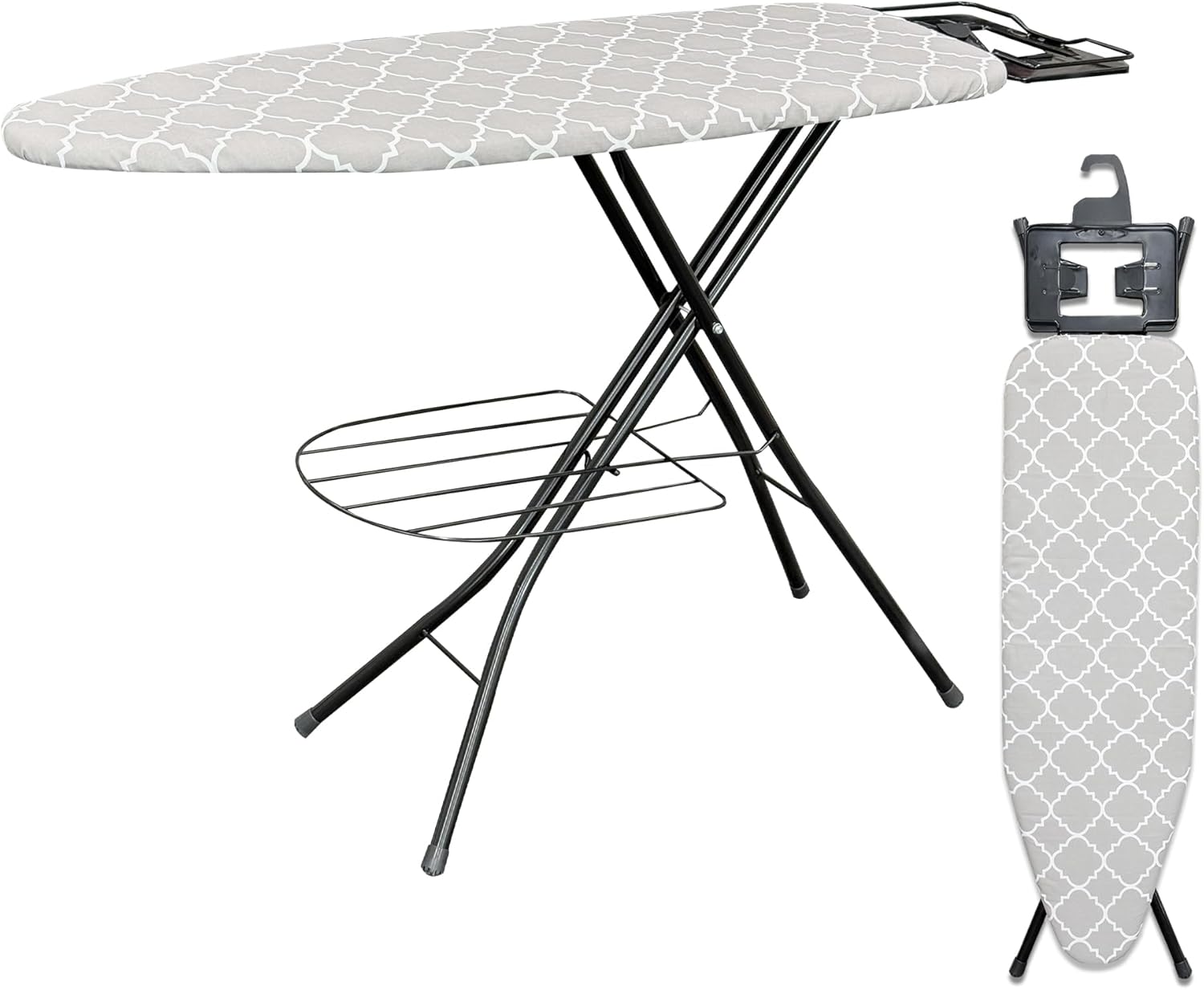 ZESTFULLIFE Ironing Board Full Size (52x13.5) with Bottom Storage Tray, 7 Adjustable Heights with Smart Hanger, Thick Layer Pad, Ironing Board Cover with Durable Steel Legs, Easy Folding for Storage
