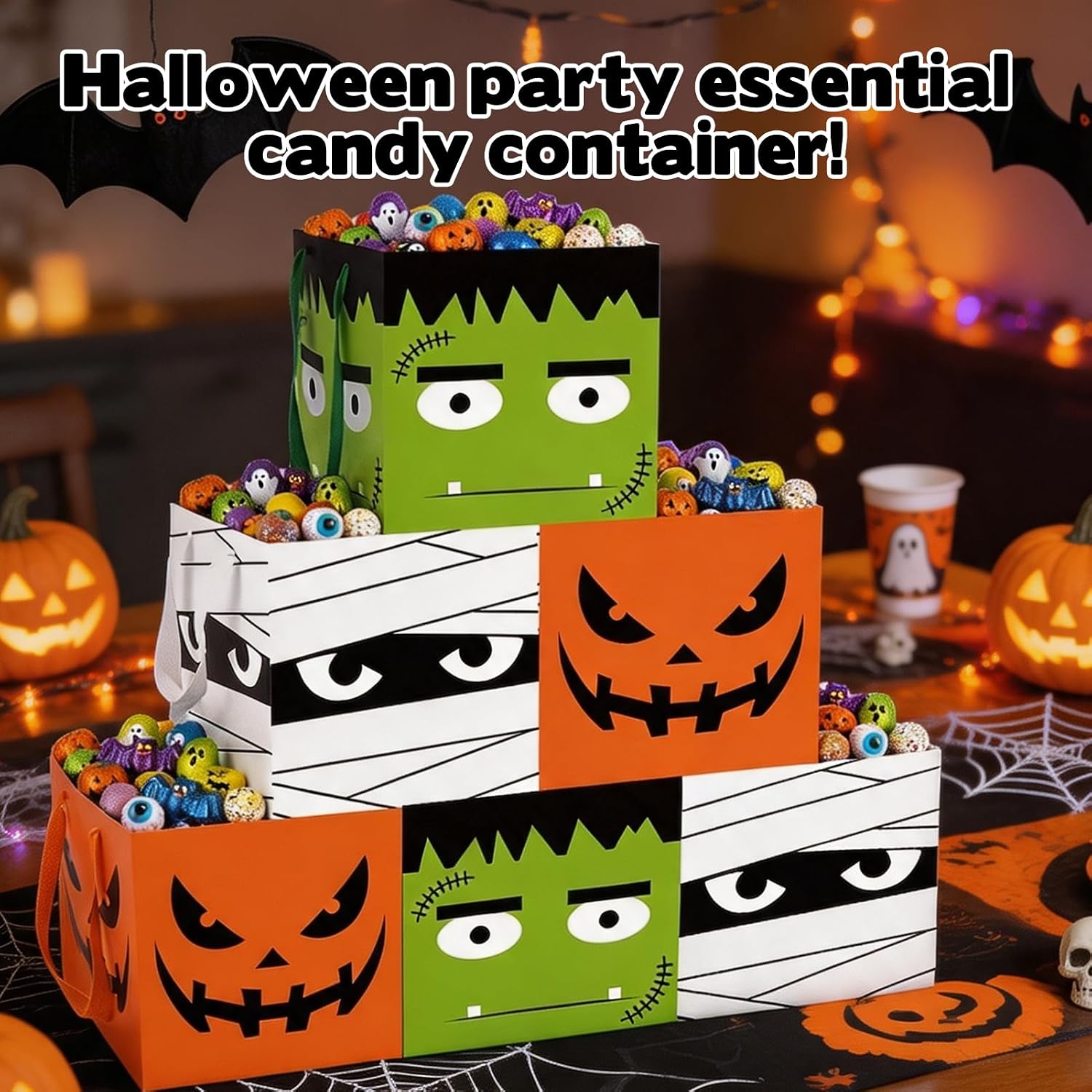 6 Pack Halloween Candy Bowl, 8 Inch Reusable Large Paper Box Trick or Treat Candy Dish Holders with Carry Strap Thick Cardstock Serving Bowl for Halloween Decor Party Supplies Serving Gift Box