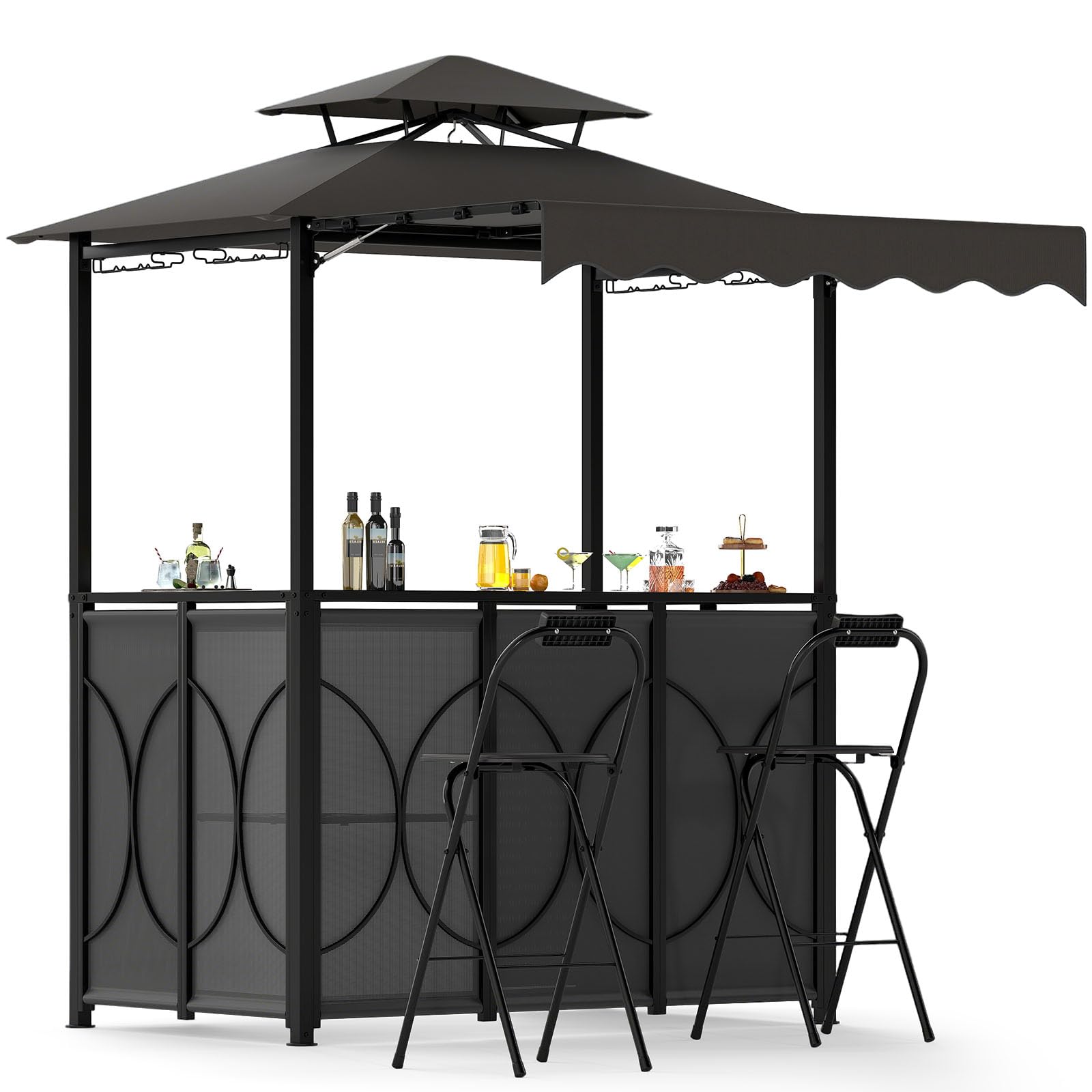 HOMASIS Grillpavillon mit Bartisch und 2 Hockern, strapazierfähiger Outdoor-Pavillon mit Doppeldach, regen- und feuerfeste Pergola (Grau, mit Seitenzelt, 193 x 117 x 240 cm)