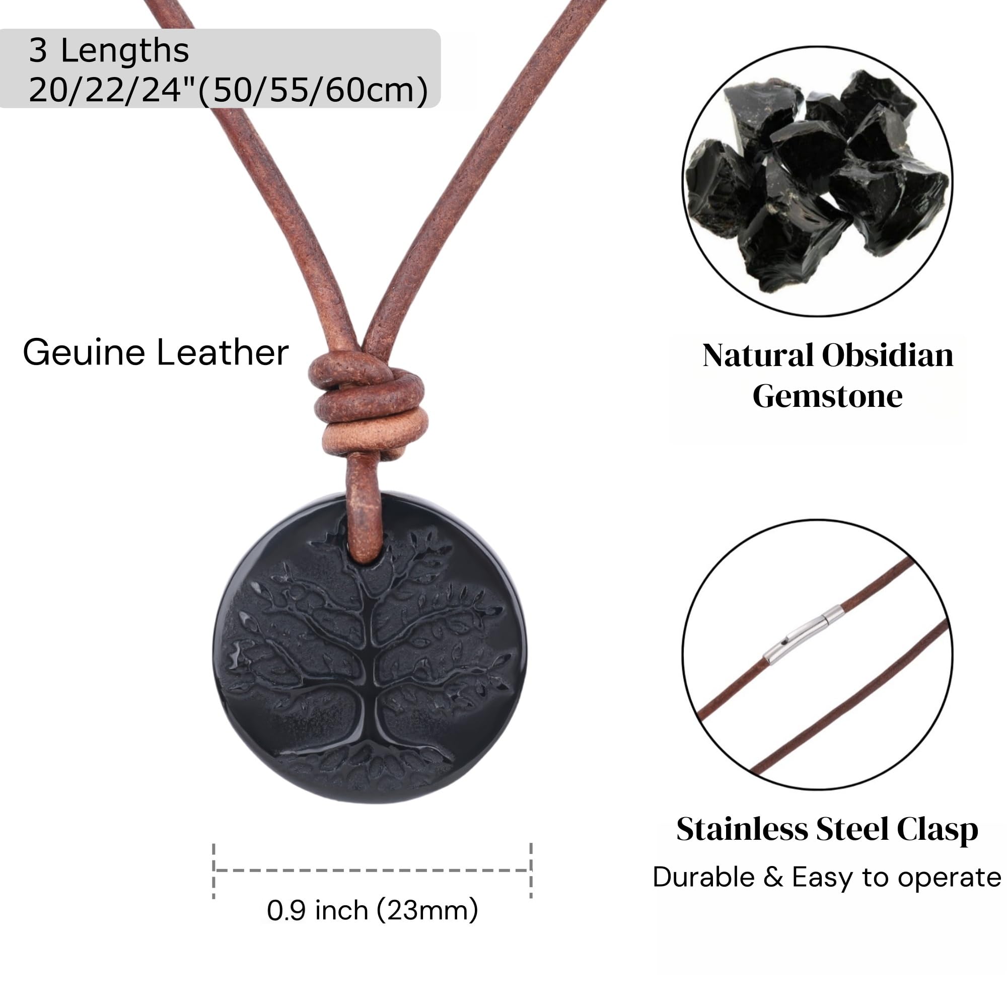 COAI Collier Cuir Homme/Femme, Pendentif Obsidienne Noire, Pendentif Arbre de Vie