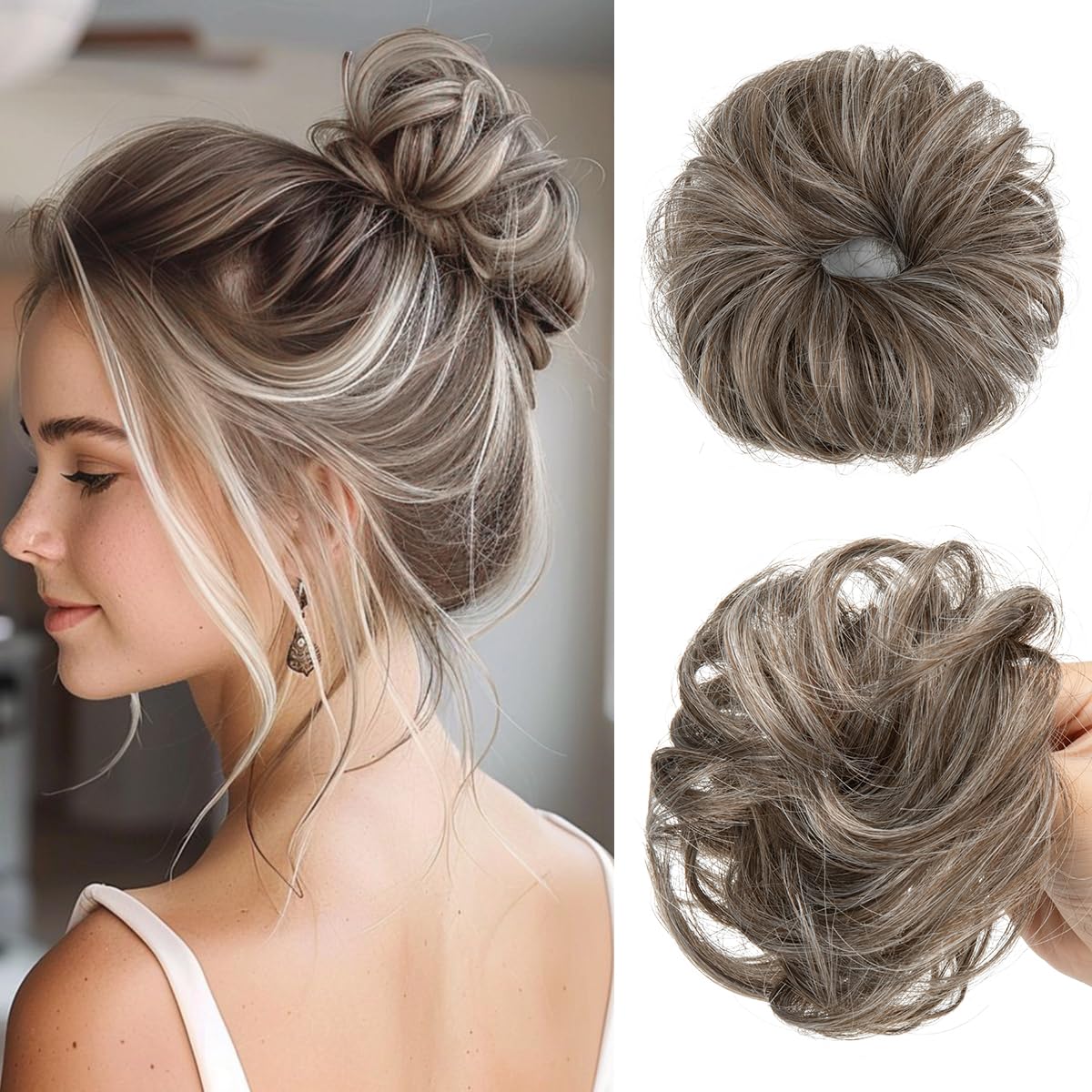 2PCS Messy Bun Hair Pieces Synthetic Wavy Curly Updo for Women Ash Grey Amazon.com : CJL HAIR 2PCS Messy Bun Hair Pieces Wavy Curly  main image 3