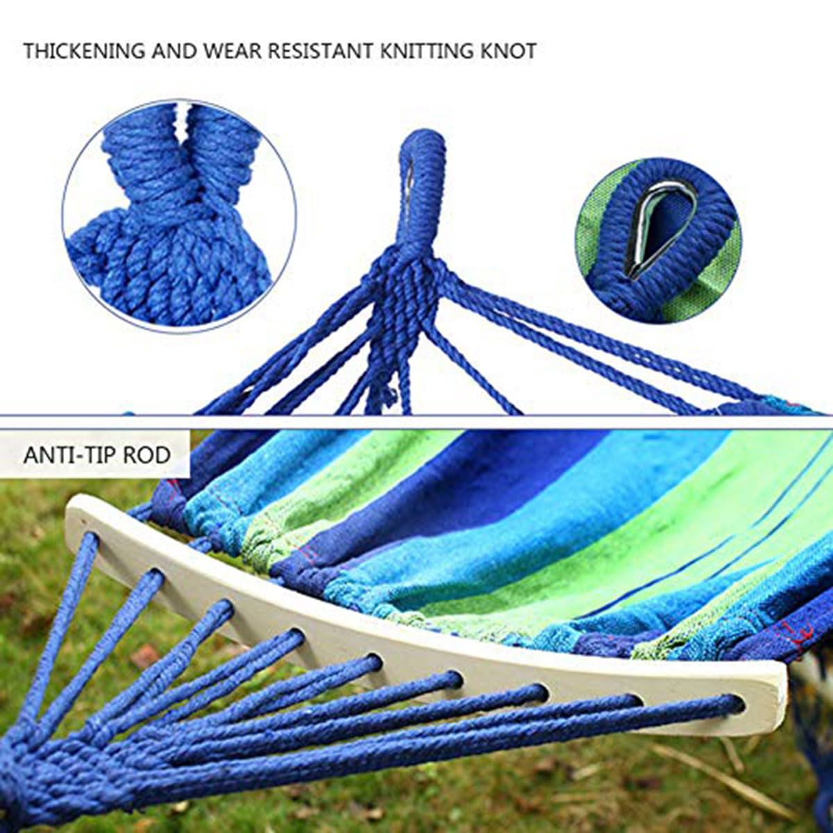 Amaca da giardino con bastoncini di legno rinforzati, tela traspirante portatile per rilassarsi all'aperto, design a righe resistente, include borsa portaoggetti (200 x 100 cm)