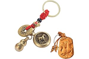 Wu Lou Brass Gourd & Zodiac Wood Key Chain - Good Luck Talisman