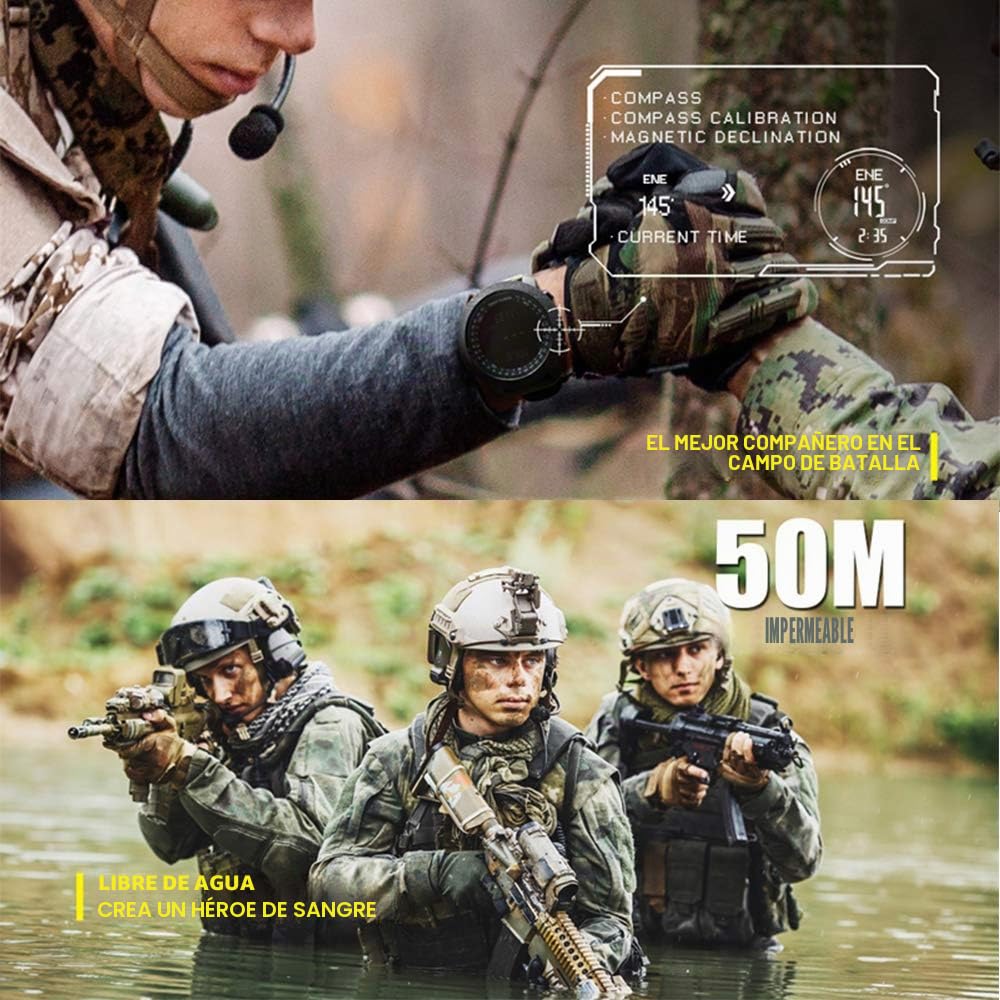 Reloj inteligente deportivo al aire libre, reloj táctico de silicona con altímetro, barómetro, brújula y termómetro, reloj militar impermeable hasta 50 m, rastreador de fitness multifuncional
