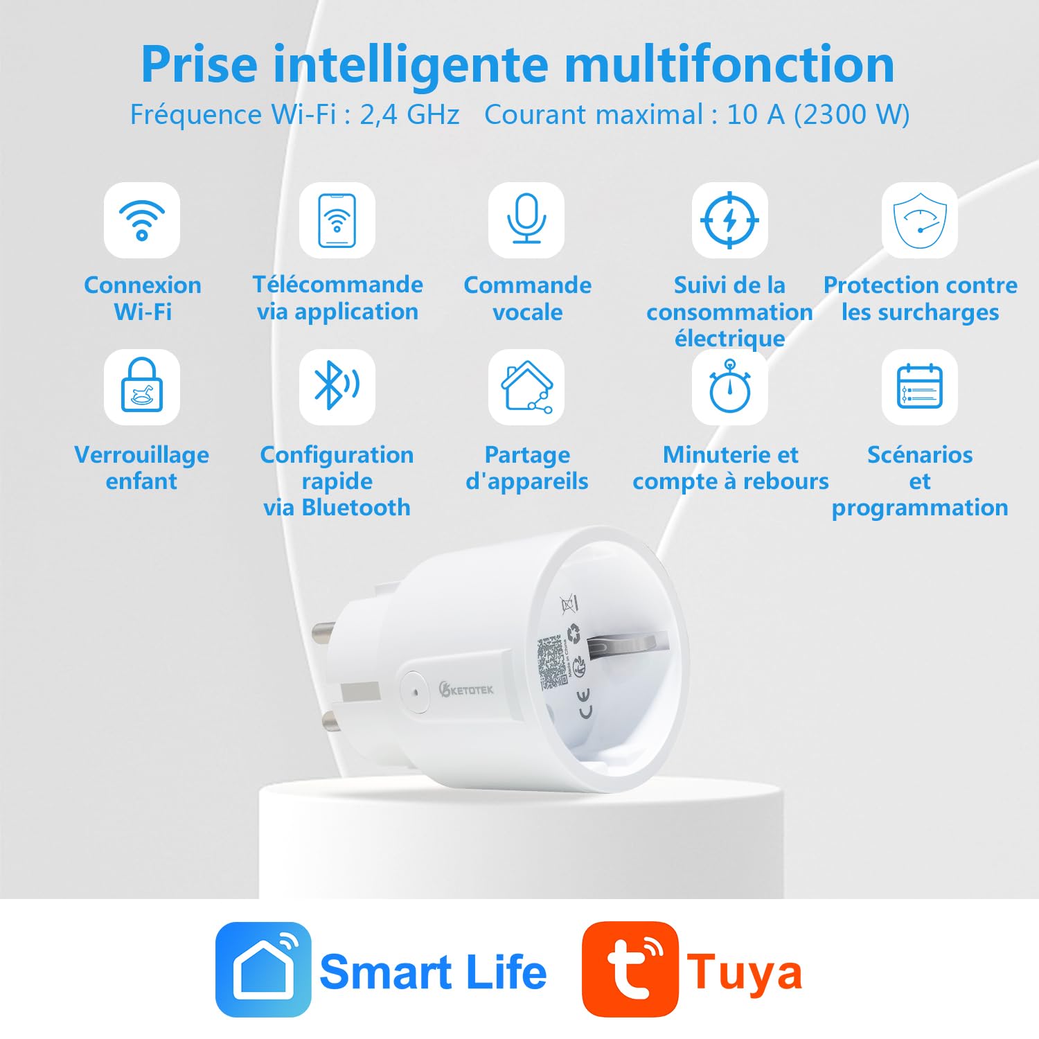 KETOTEK Mini Prise Connectée WiFi, Mesure de Consommation Électrique, Prise intelligente compatible avec Alexa, Google Assistant, APP Contrôle, Horaires et Minuterie