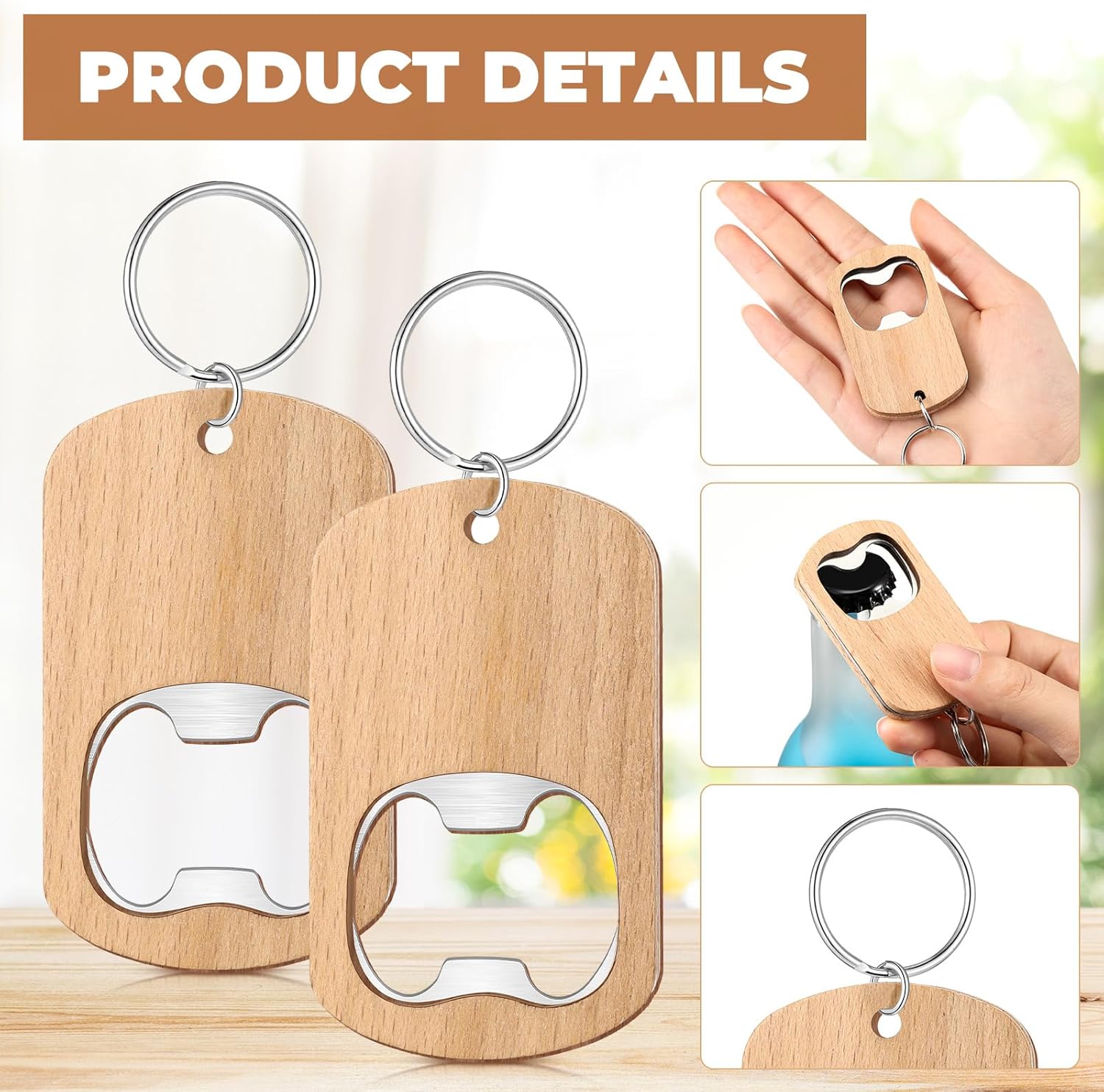 Gerrii 50 Pcs Wood Bottle Opener Wooden Keychain Bottle Opener Blanks Unfinished Keychain Wood Engraving Bulk for Wedding Birthday Party Favors DIY Gift Craft Supplies