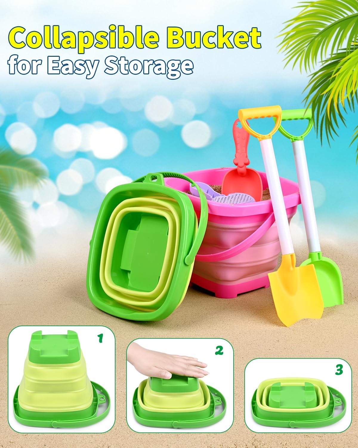 Collapsible Beach Sand Toys for Kids Toddlers with Sand Bucket, Marine Animal Molds, Castle Building Molds, Shovels, Storage Mesh Bag, Travel Sand Toys for Boys Girls (24PCS ( 3 Sand Buckets ))