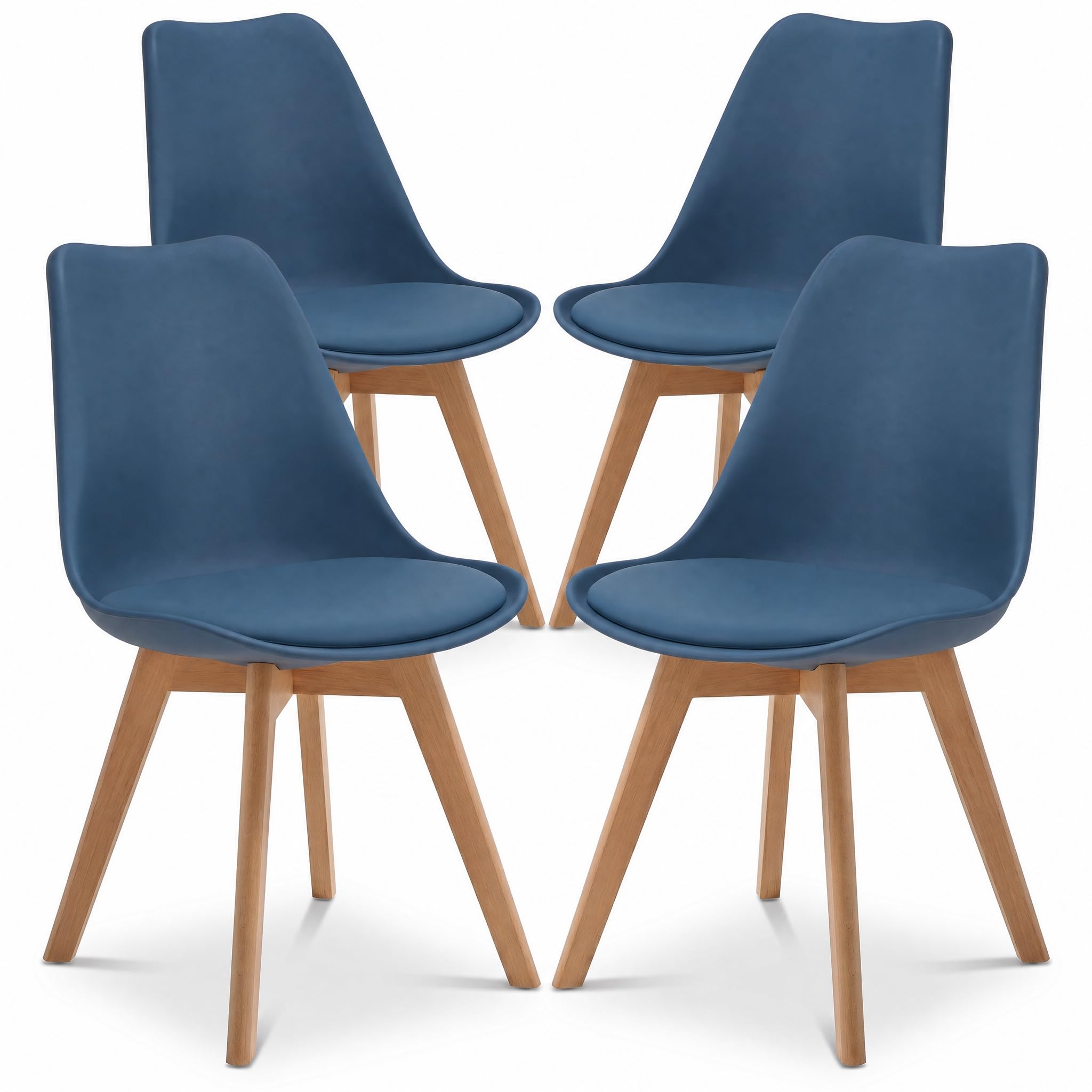 Bravich Set Of 4 Rocco Dining Chairs- Navy. Faux Leather Upholstered Dining Chair With Natural Wooden Legs, Cushion Pad Seat & Back Support For Kitchen Table- 42 x 42 x 81cm.