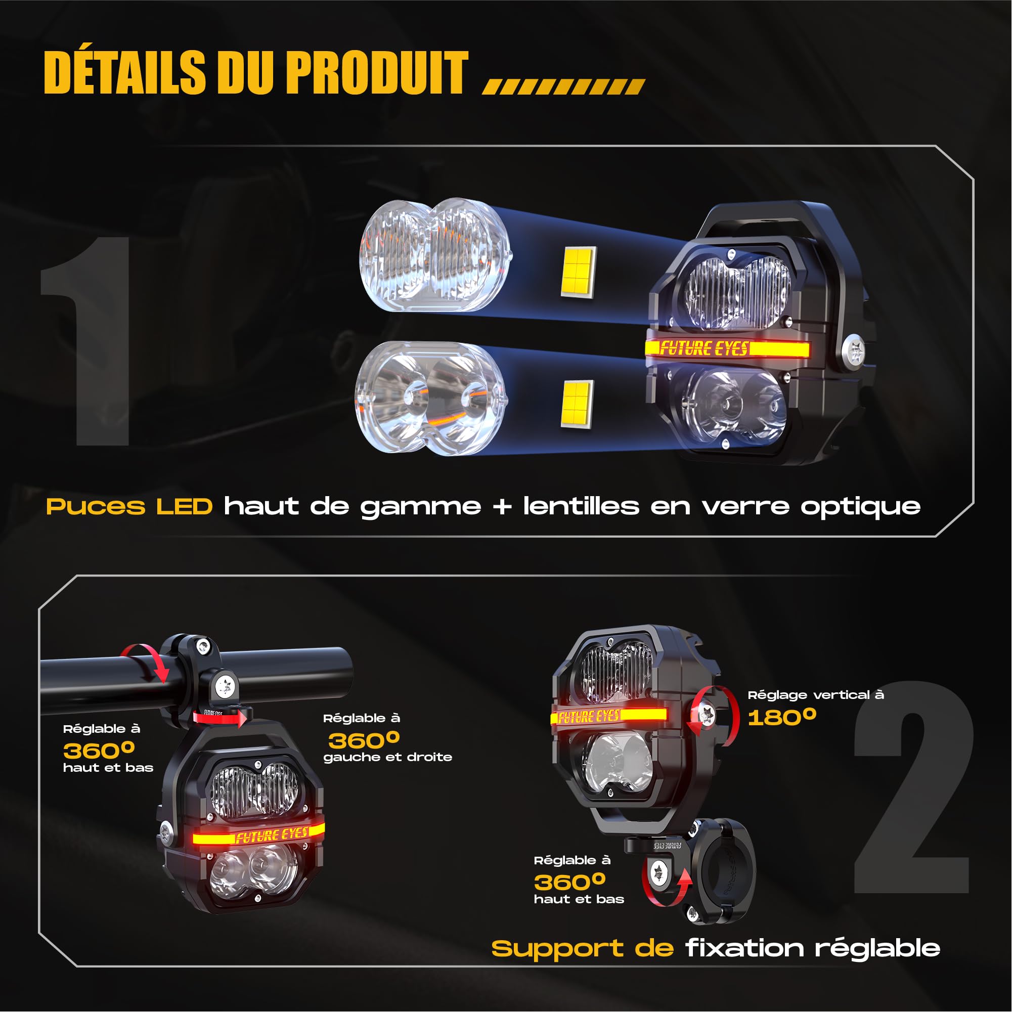 Future Eyes Fari LED Moto Supplementari, 12000LM 120W Omologati CE E-Mark E57 Fari LED IP67 Impermeabili Faretti 4 Lenti 800M Lungo Raggio Supporto Regolabile 360°