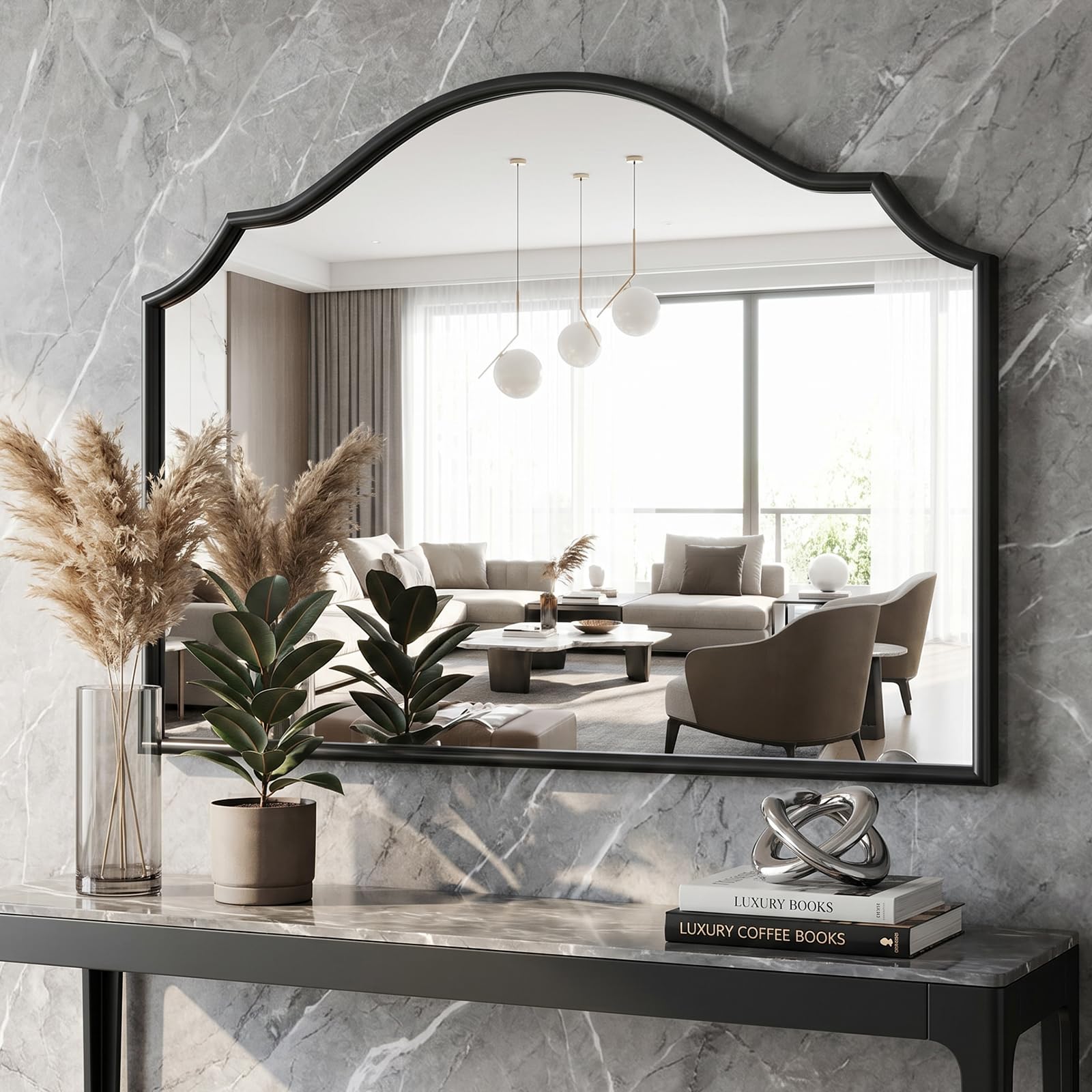 Black Scalloped Wall Mirror: 36"x24" Large Modern Minimalist Bathroom Mirror - Decorative Vanity Arched Mirrors for Dresser/Entryway/Fireplace/Mantle/Living Room - Home Decor for Housewife