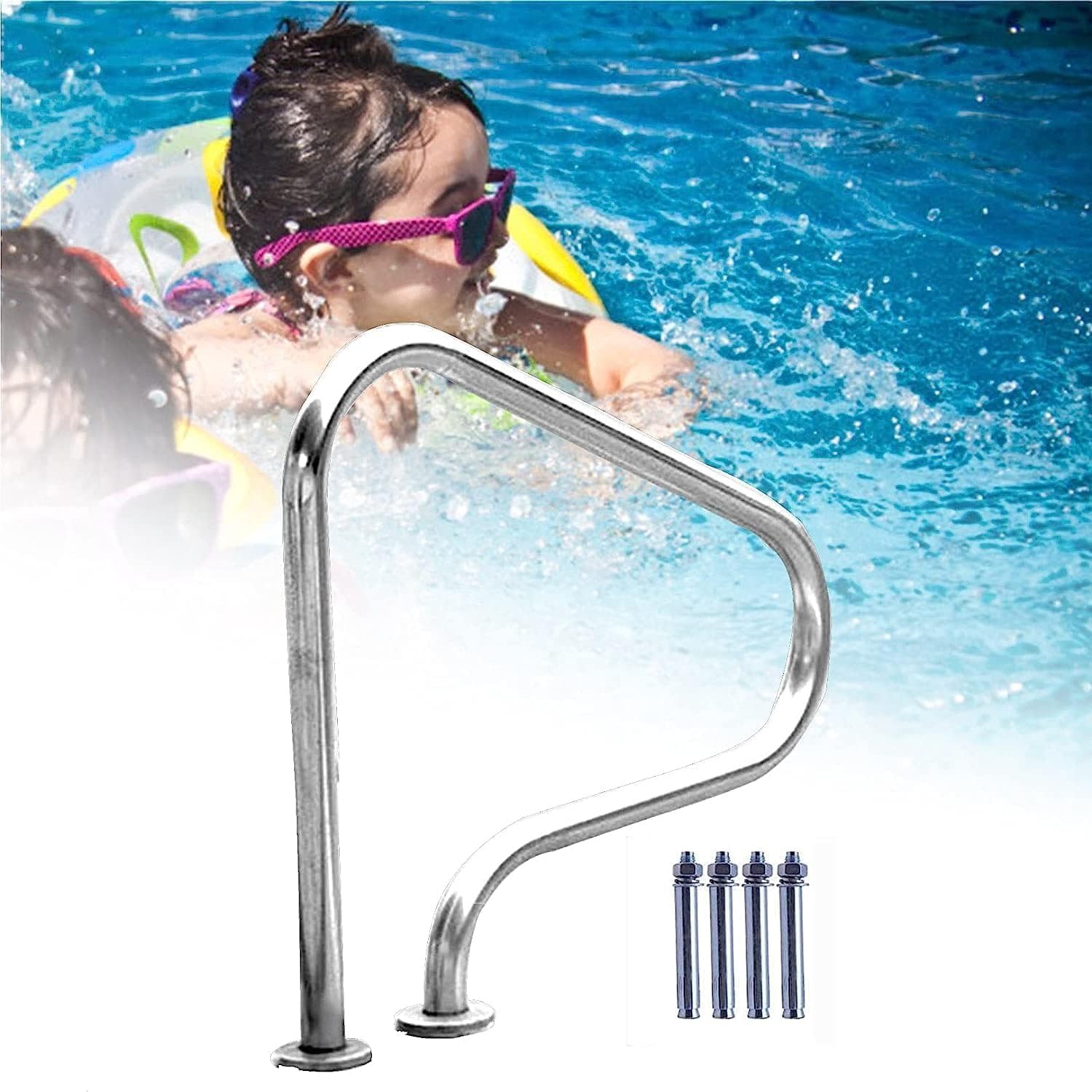Swimming Pool Safety Hand Rail Swimming Pool Handrails, 304 Stainless Steel Safety Grips Complete Accessories Pool Ladder Spa Handrails for Inground Pool Entry(1pcs)