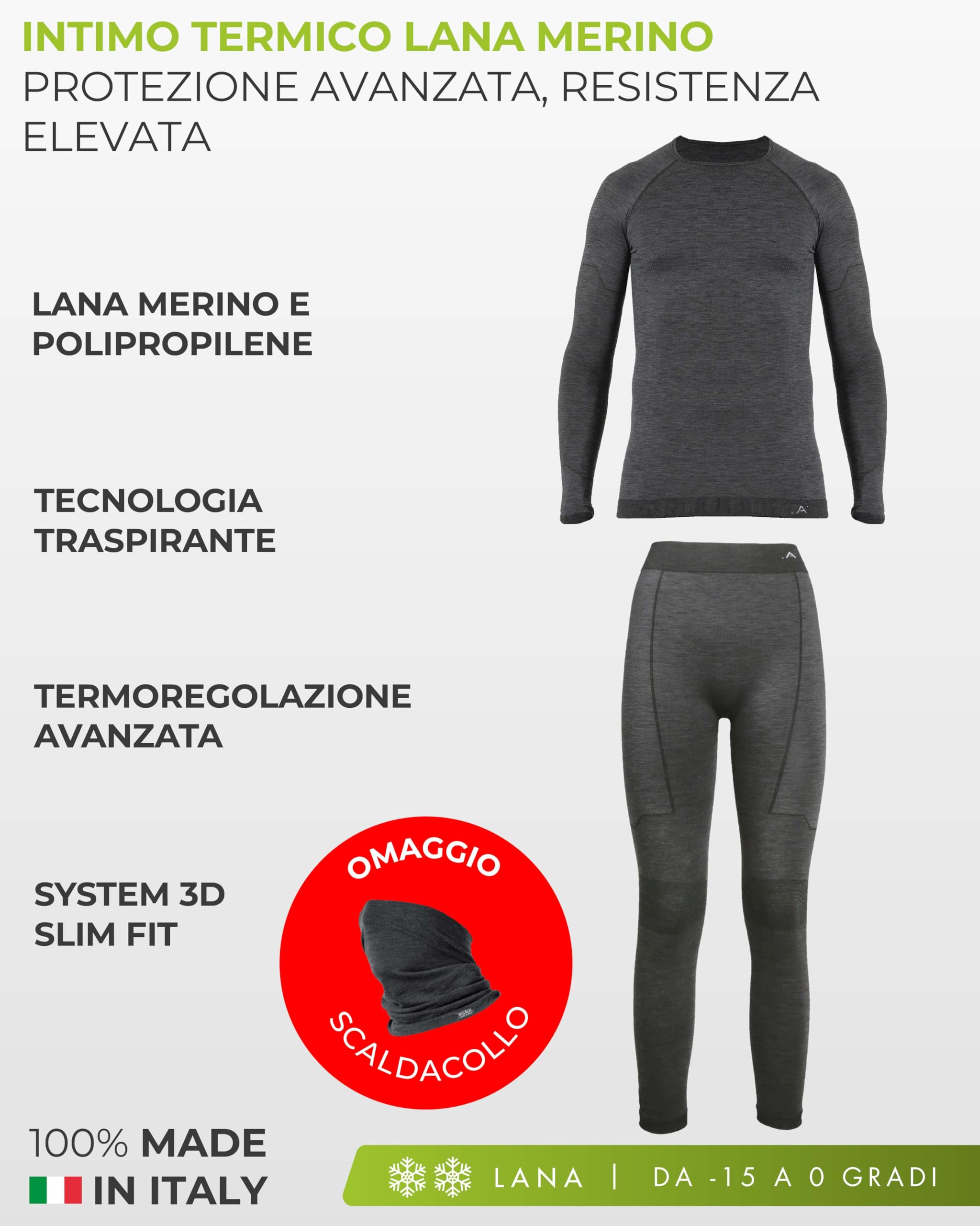 Risalti Tuta Termica Uomo Donna Lana Merino - Completo Maglia Termica e Calzamaglia Unisex in Merino con Scaldacollo Omaggio, Intimo Seamless, Traspirante e Termoregolante Estremo – Made in Italy