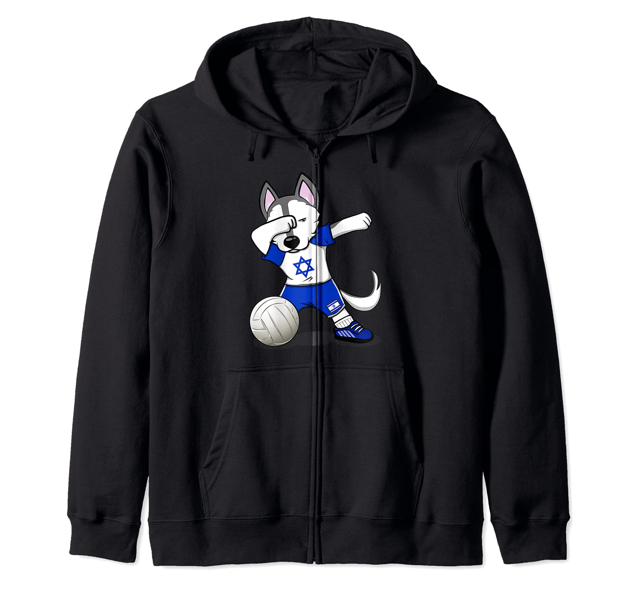 Dabbing Husky Dog Israel Volleyball Fans Jersey Israeli Flag Zip Hoodie, Black