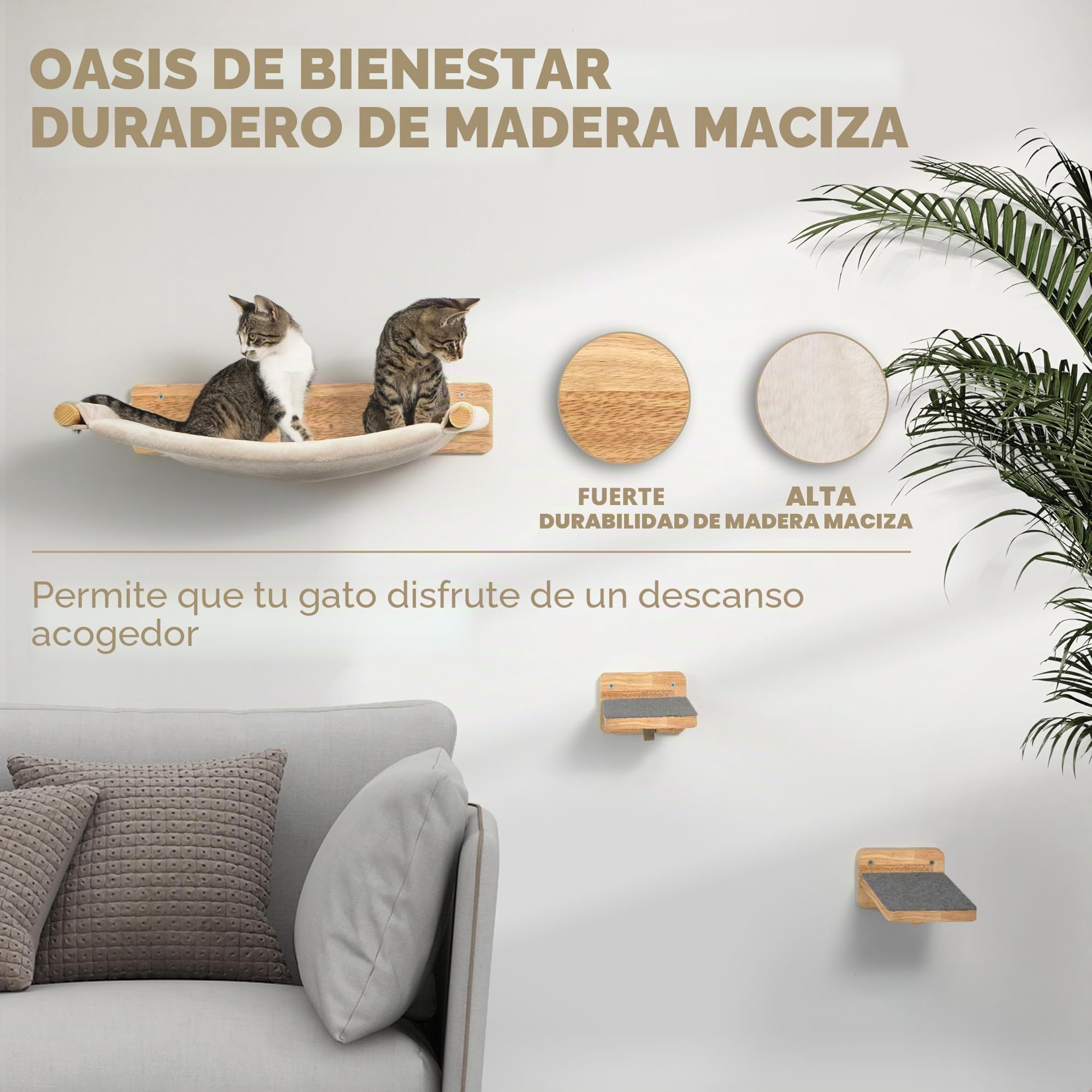 WOOWOOD® Pared de Escalada para Gatos, Incluye 2 Escalones y Hamaca, 3 Piezas, Plataforma y Estantería para Gatos