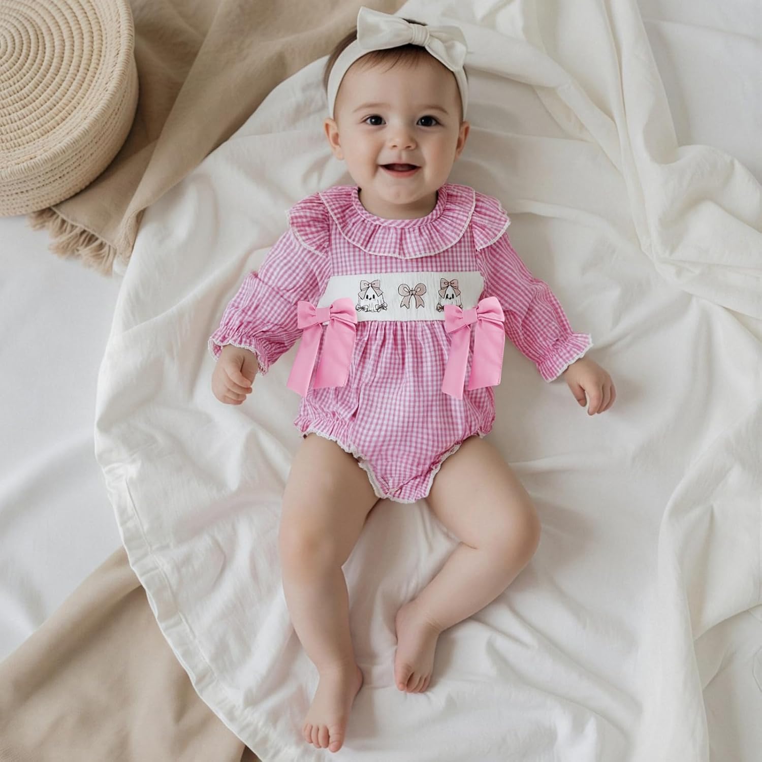 Newborn Baby Girl Halloween Outfit Pumpkin Embroidery Bubble Romper Plaid Doll Collar Long Sleeve Jumpsuit Fall - Image 7