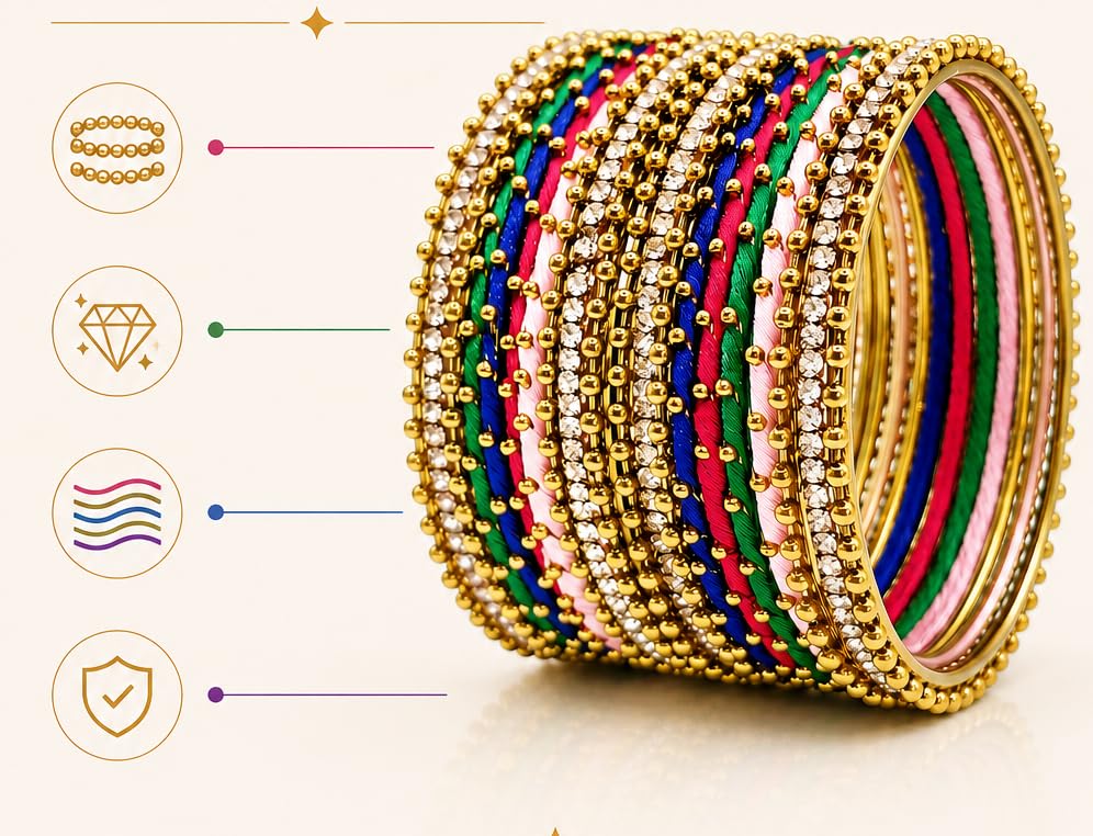 Image of NMII Non-Precious Metal with Base Metal and Zircon Gemstone Studded Ball Chain Linked Glossy Finished Silk thread Bangle set for Women and Girls