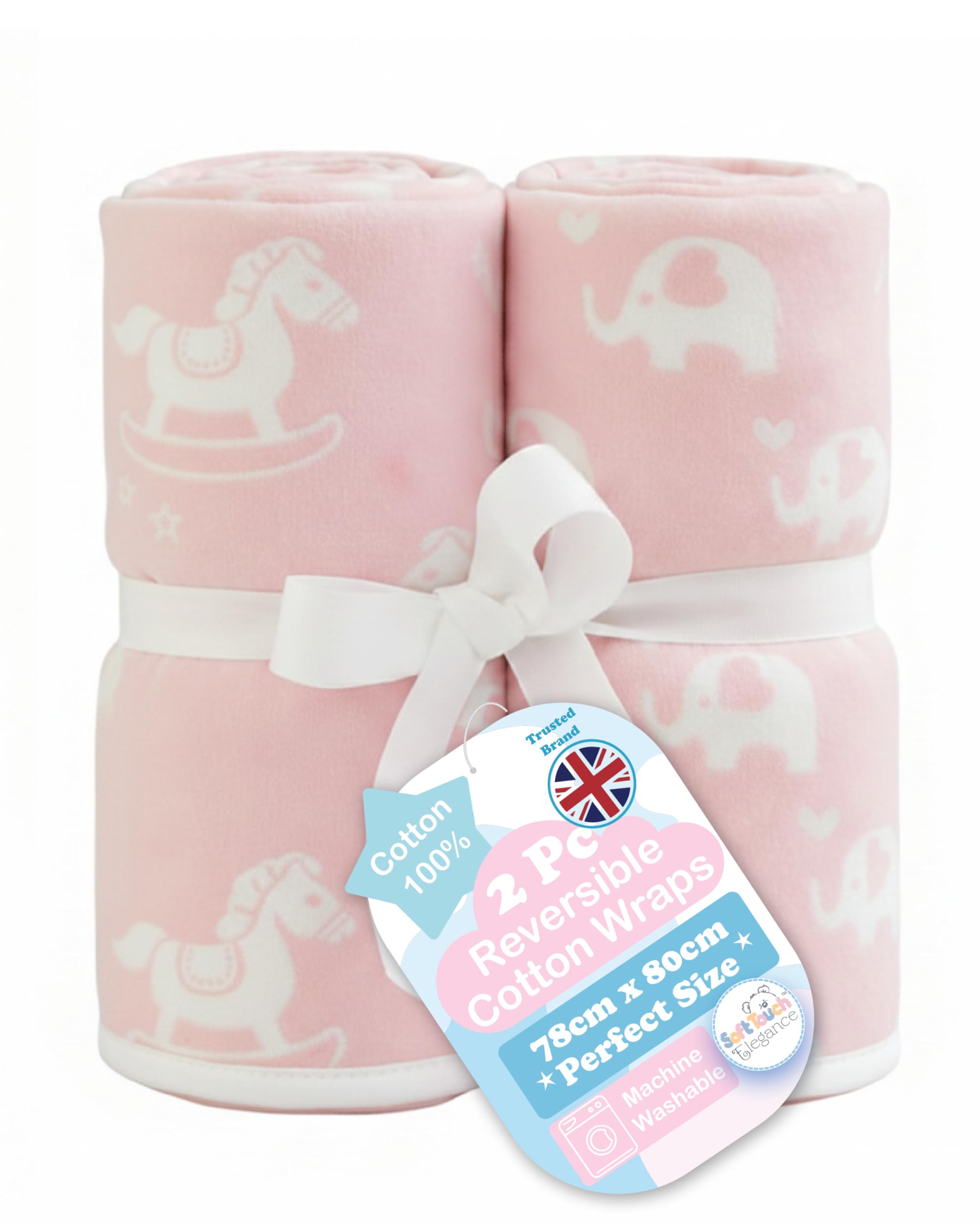 Soft Touch Baby Blanket 2 Pack Reversible 100% Cotton Wrap, 80 x 78cm Soft Baby Blanket, Swaddle Wrap for 0-24 Months. Includes 1pc Rocking Horse, 1pc Elephant