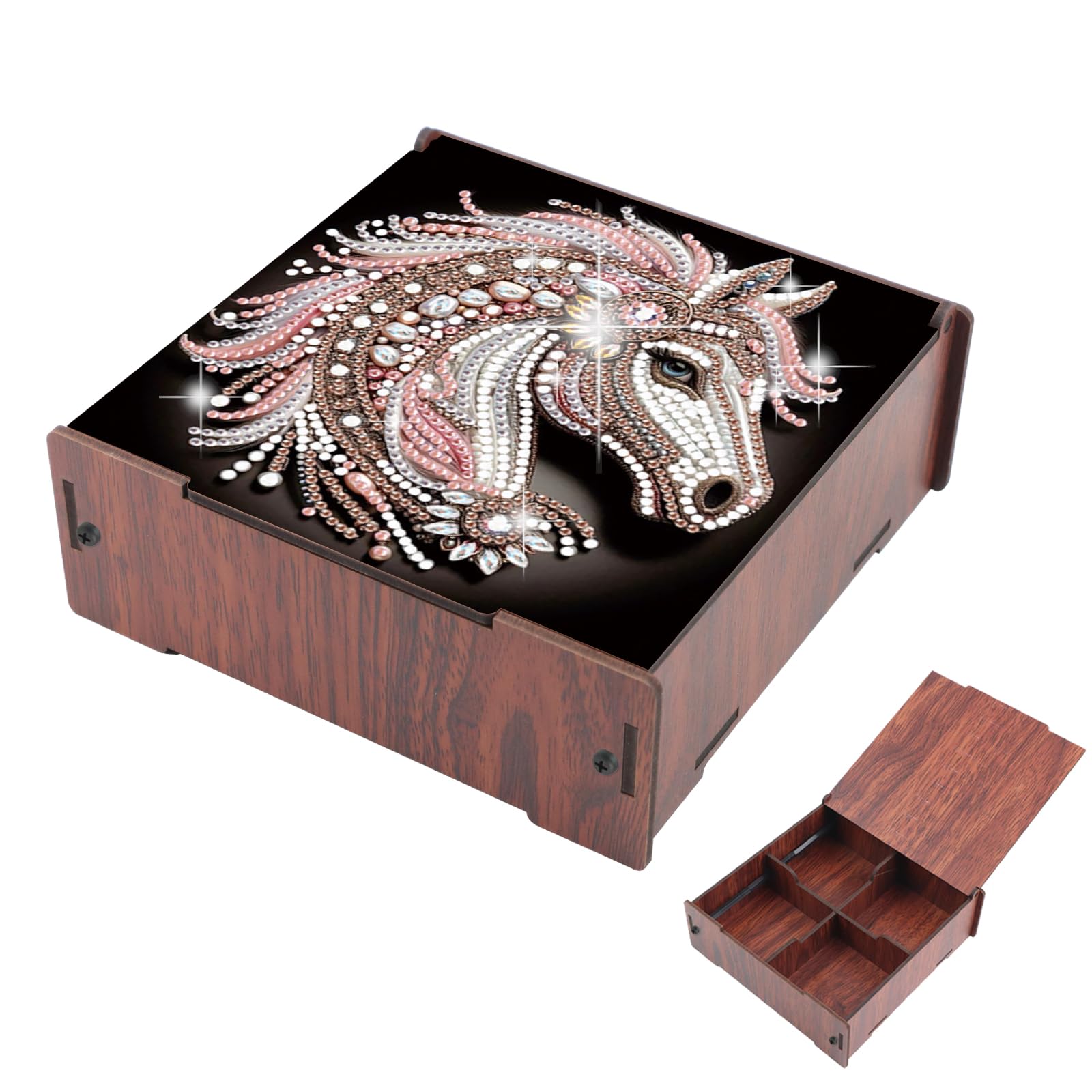 DIY Diamond Art Storage Box with Flip-Top Lid, Glittering Horse Head Design Wooden Diamond Painting Organizer with 4 Divided Compartments, Portable Desktop Craft Storage for Accessories Supplies