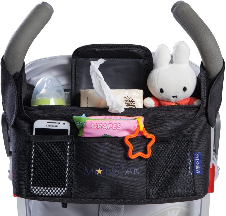 MONSTAR Stroller Organiser & Bottle and Diaper Bag - Universal Fit Stroller Storage Accessories and Portable Stroller Bag with Cup Holders Insulated