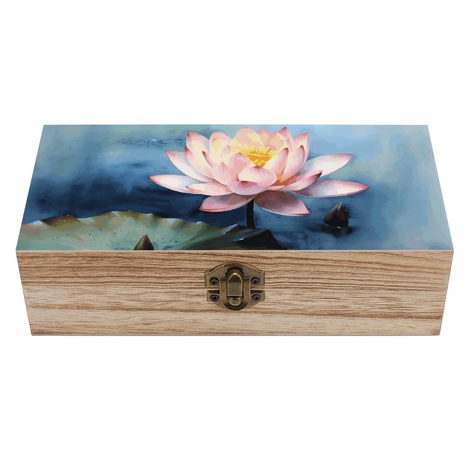 LZQPOEAS Lotus Flower Painting Wooden Storage Box Small Decorative Box with Hinged Lid Handmade Elegant Keepsake Storage Box for Jewelry, Photos, Trinkets, Letter Gifts, Small Heirlooms