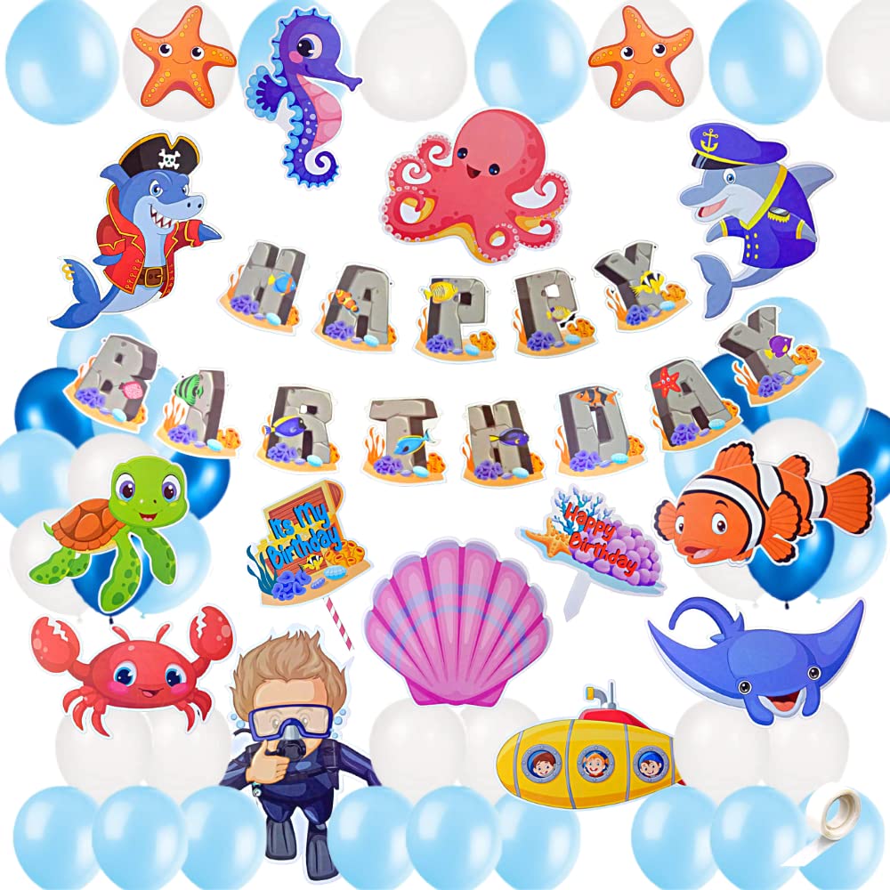 FI - FLICK IN 59 pcs Baby Shark Theme Birthday Decorations Metallic Balloons Cutouts Props 1st Bday Decoration Items Cake Topper Aqua Theme Birthday Party Decorations (Pack of 59, Blue)