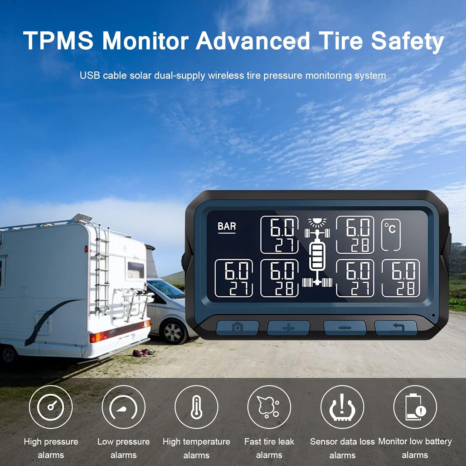 B-Qtech RV Tire Pressure Monitoring System Trailer Solar TPMS with 6 External Sensors & Signal Repeater, 3.3inch LCD Screen Brightness Adjustable 7 Alert Modes Real Time Display Press Temp (0-199PSI)