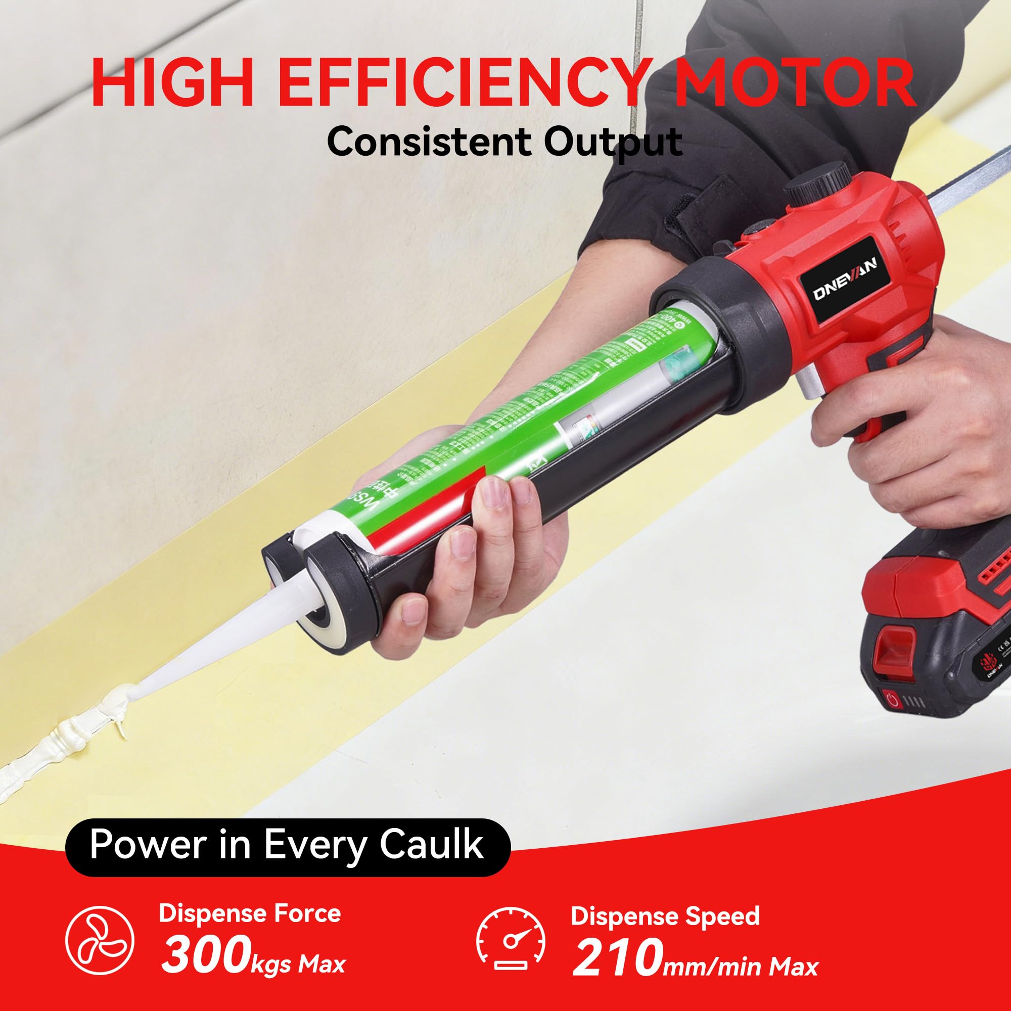 ONEVAN Pistolet à Cartouche sans Fil, Pistolet à Silicone Électrique 300ml, Contrôle de Vitesse Variable & Lampe LED, 24 Buses, 2x1,5Ah Batteries, pour Travaux d'Étanchéité, Mastics (Rouge)