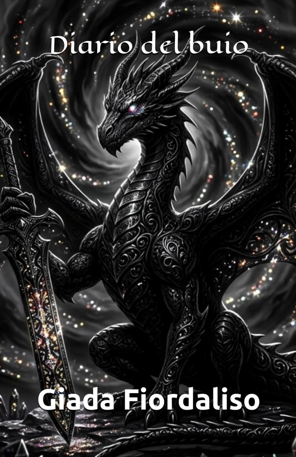 Diario del buio-aforismario motivazionale-edizione con sfondi interni a colori raffiguranti un drago nero, cover con drago e spada