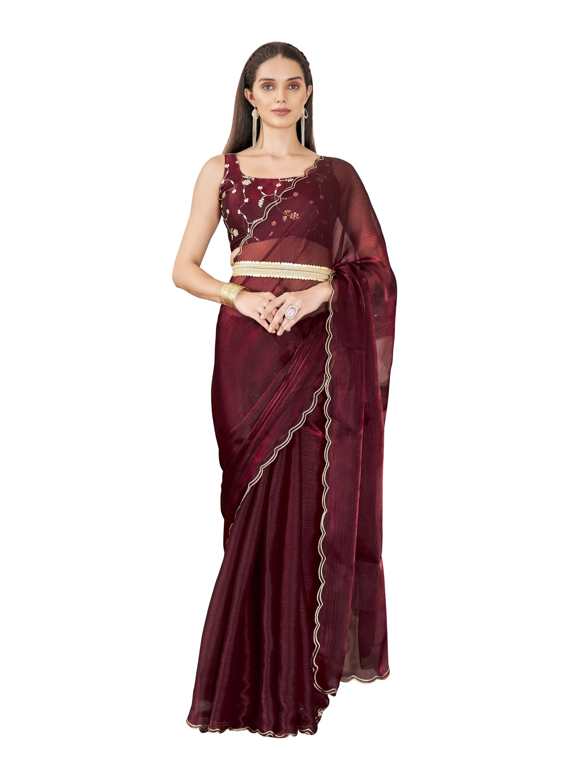 Women's Women Jimmychoo Saree ll Women Embellished Lace saree ll Women Belt saree ll Un-stitched blouse saree