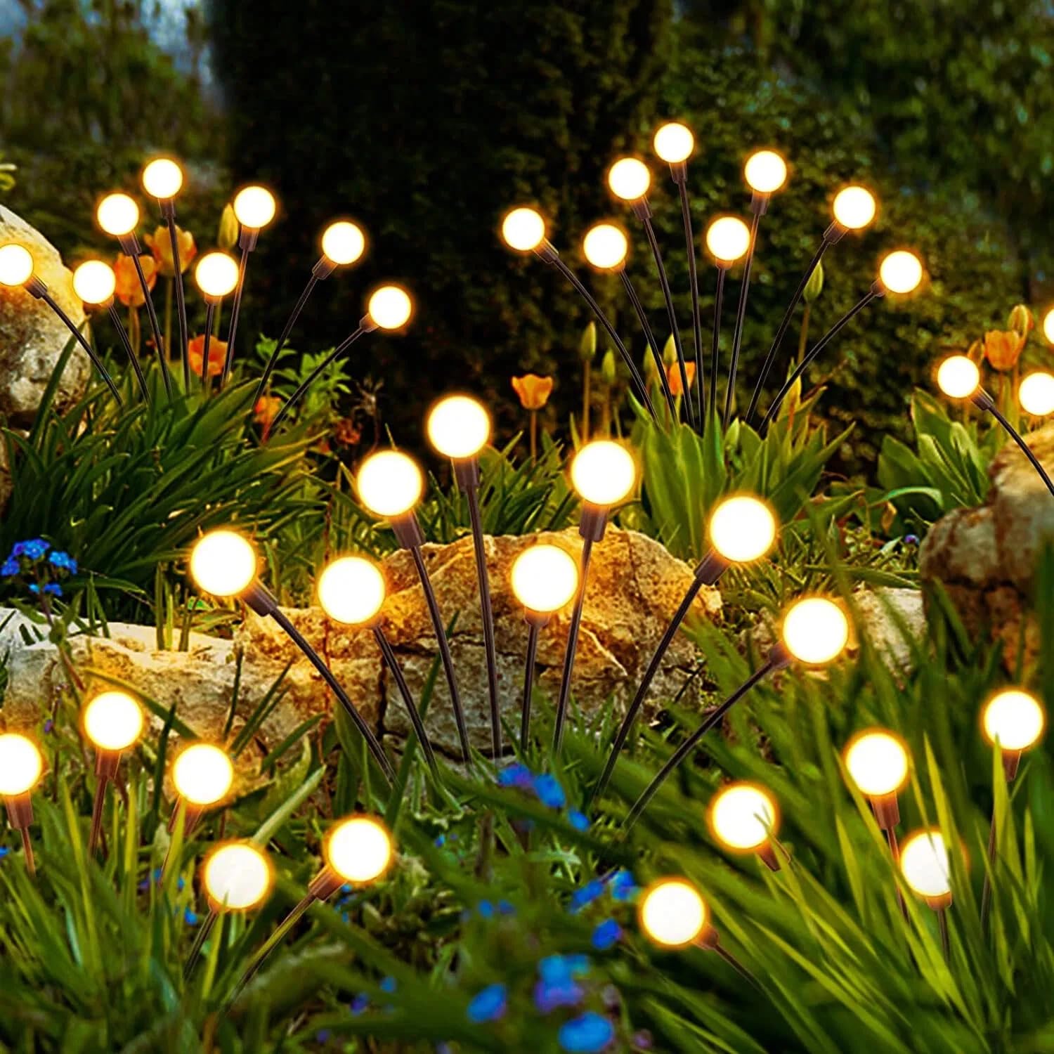 solar lights for garden waterproof | 8 led starburst firefly swaying stake light | warm white | ip65 rated | auto on/off dusk to dawn | patio lawn pathway yard outdoor decoration | pack, 1