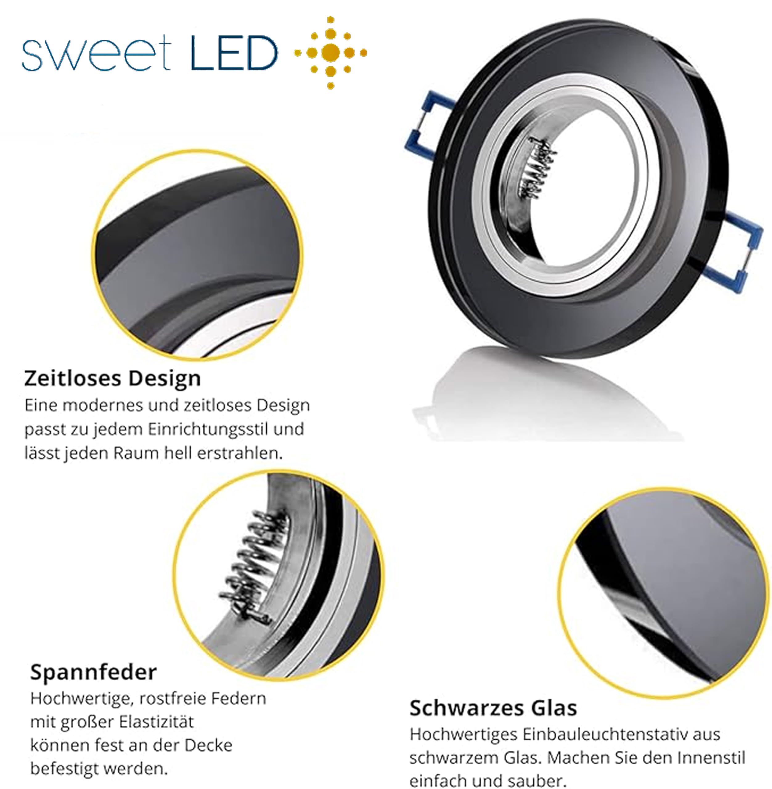 Sweet Led Einbaustrahler 230 V 12er Set – GU10 Deckenspots aus Glas Schwarz inkl. Fassung, Einbaurahmen, Ø 68 mm Runde Rahmen für Decke