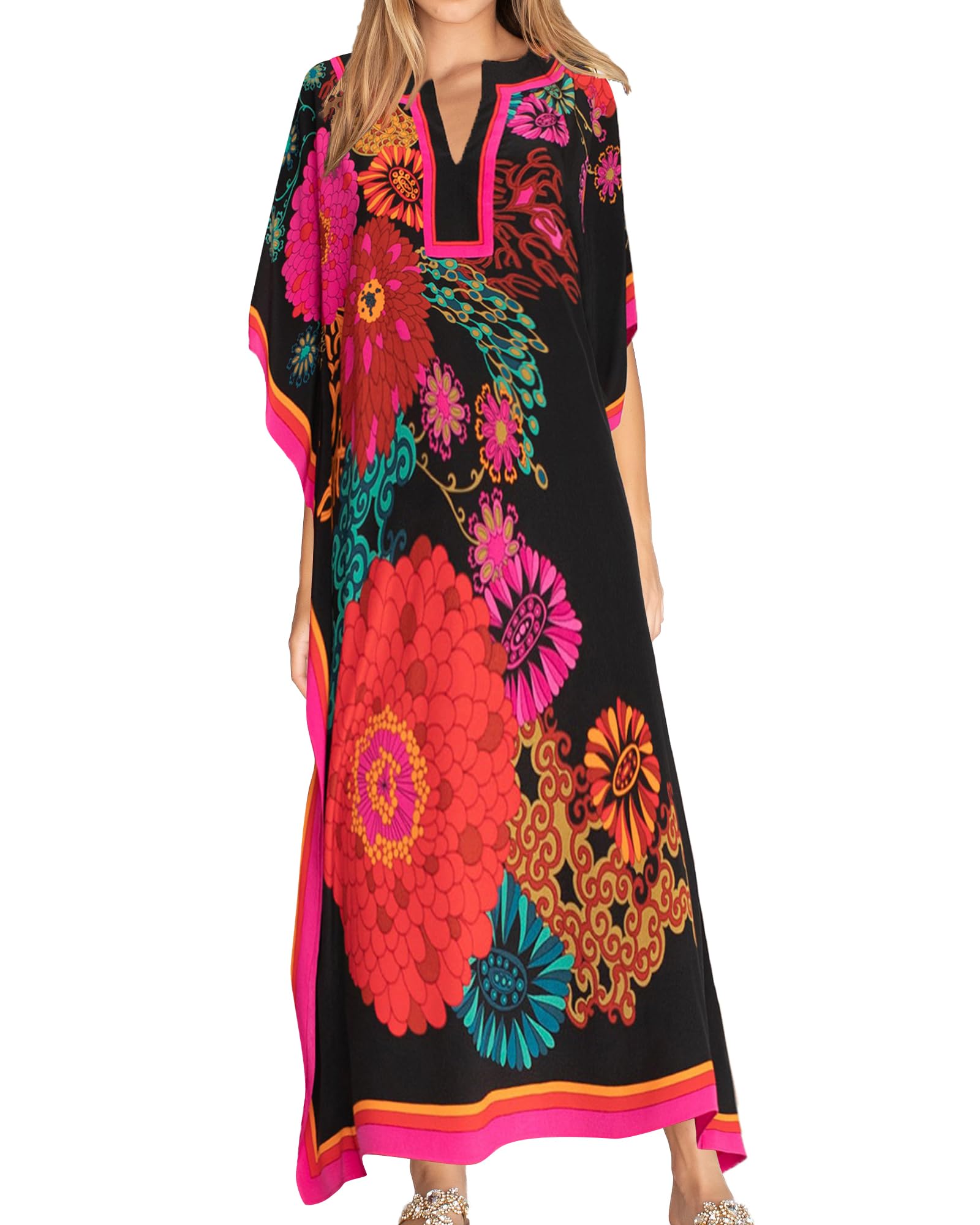 Women Long Print Swimwear Cover Up Sexy V Neck Side Split Beach Caftans Lounge Dresses