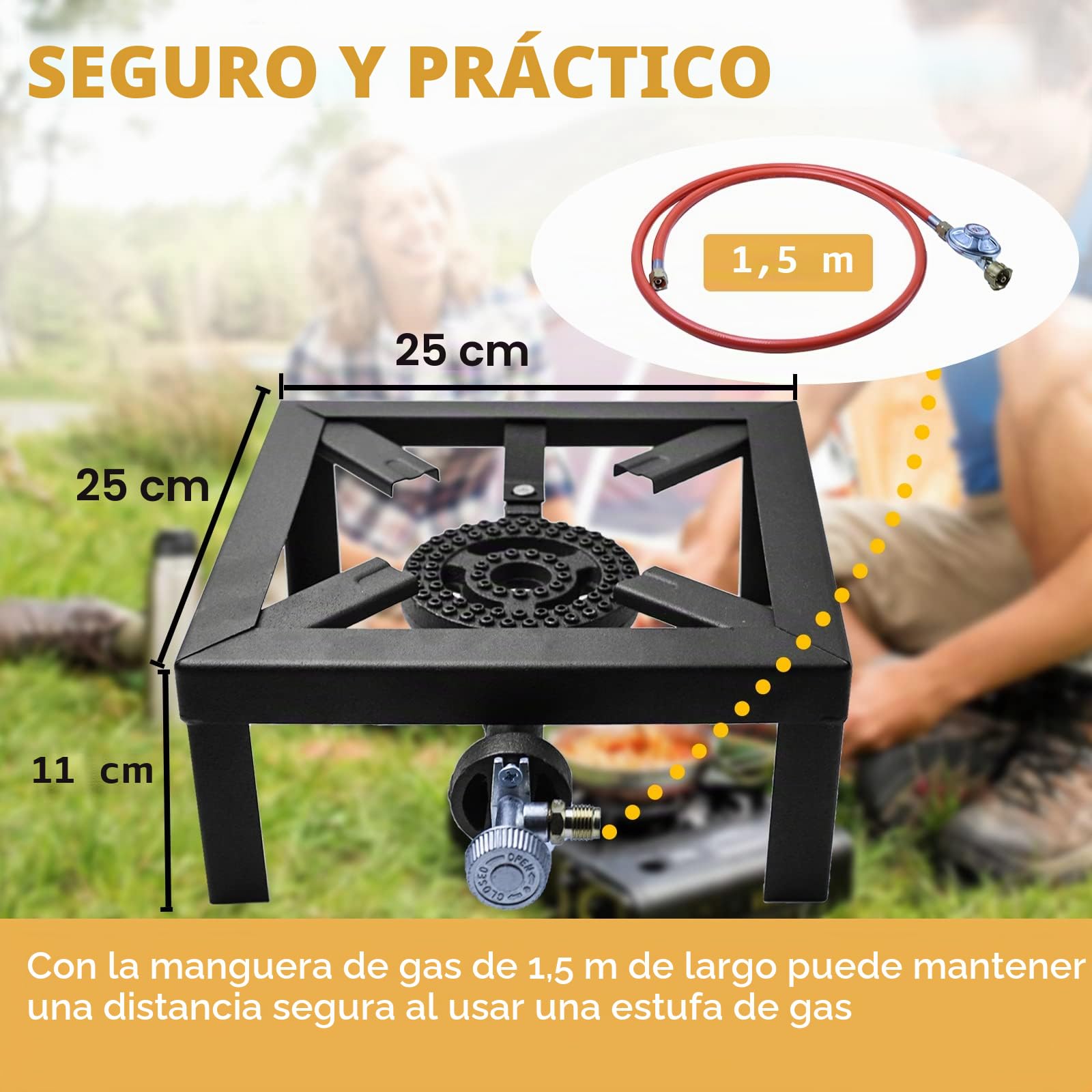 Hornillo de gas portátil 8KW para camping al aire libre 25x25x11cm, estufa de camping de gas, con manguera de propano de 150 cm y regulador de presión de gas de 50 mbar de flujo constante
