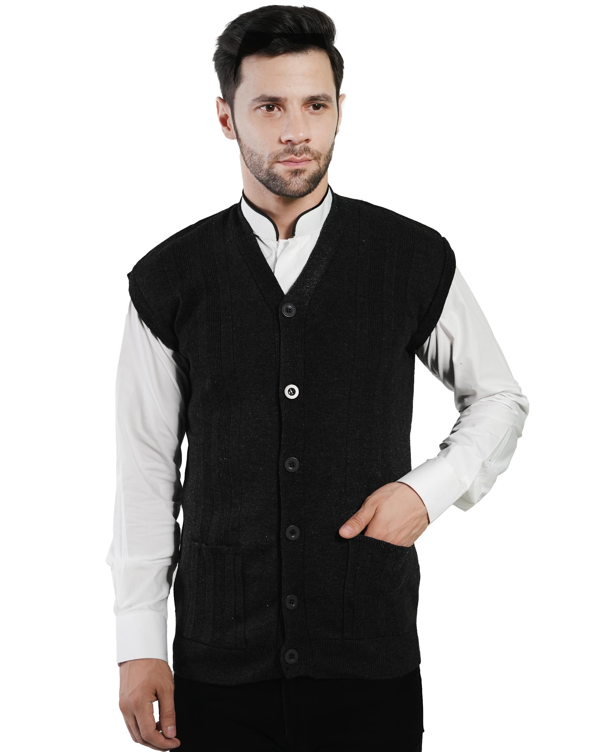 Men's Front Open Buttoned Sleeveless Solid Color Cardigan/Woolen Jacket/Waist Coat/Sweater with Pockets (Black_L)-image-4