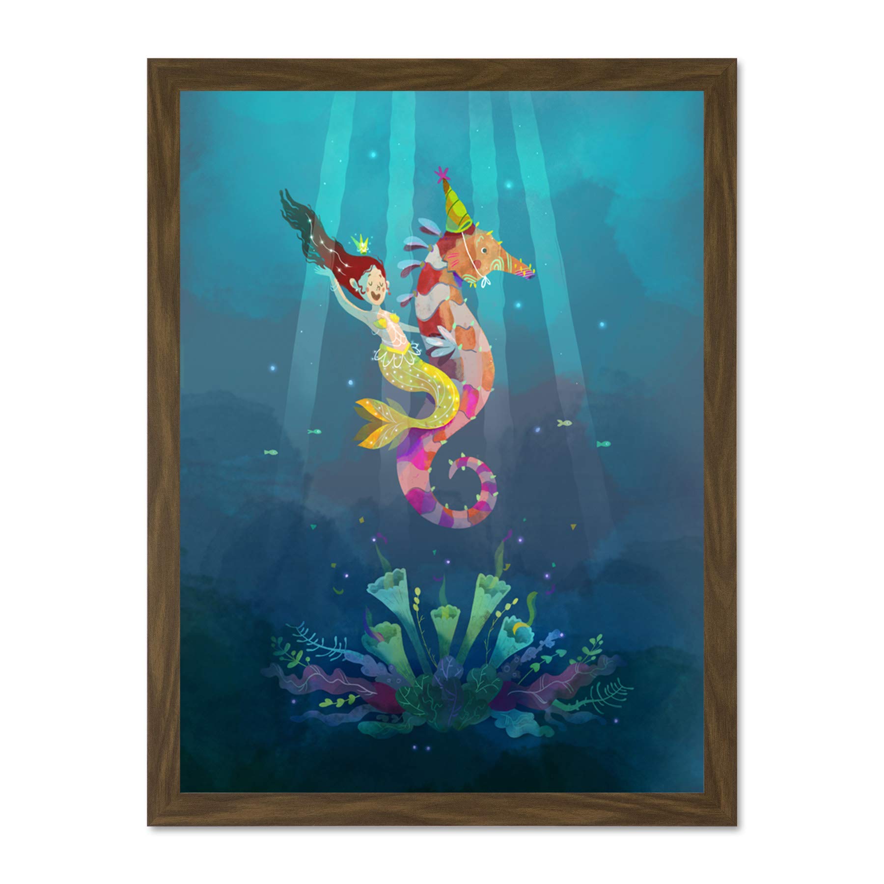 Wee Blue Coo Mermaid Seahorse Yellow Art Large Framed Art Print Poster Wall Decor 18x24 inch