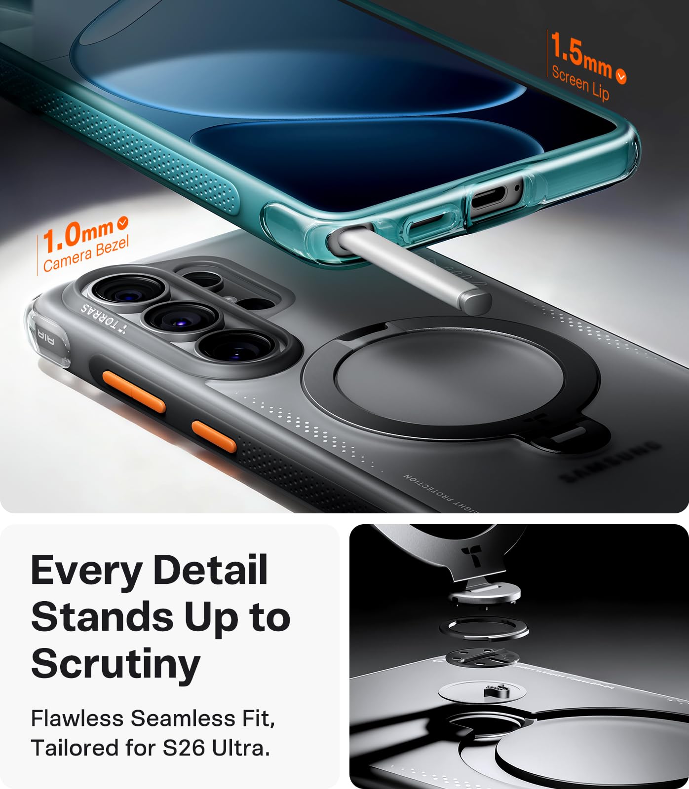 TORRAS Ostand Q3 Air Cover per Samsung S26 Ultra con vero airbags Doppia protezione [Supporto magnetico 360° robusto] Custodia S26 Ultra Cover con pulsante di controllo della fotocamera, Nero