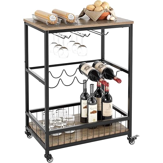Bar Serving Cart Table with Wine Rack - Black